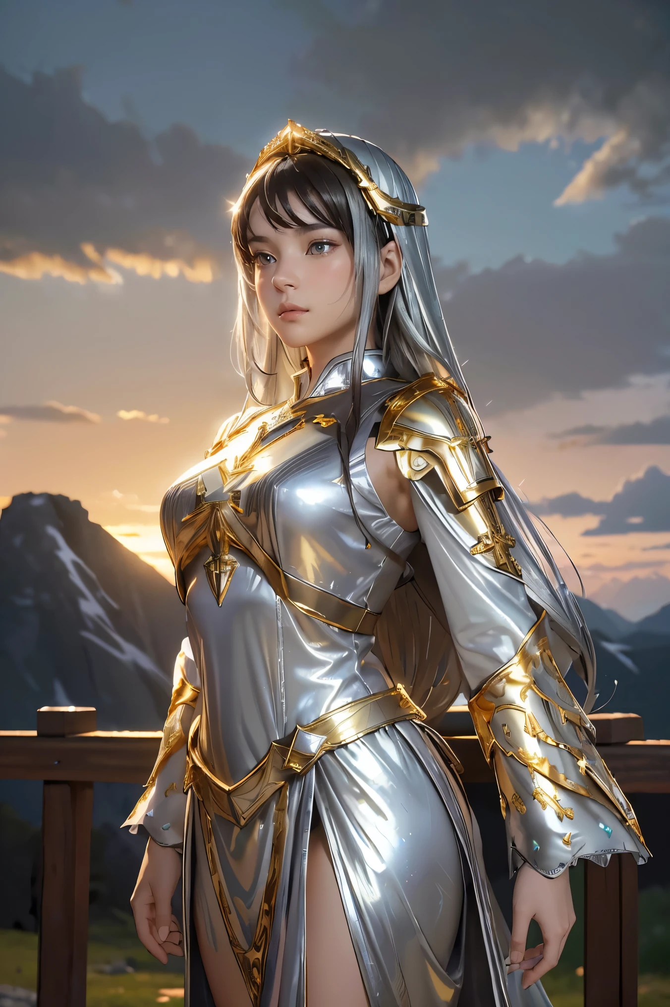 ((masterpiece, best quality, extremely detailed), volumetric lighting, ambient occlusion, colorful, glowing), 1girl, solo, young girl, (dark hair), long hair, halo, aura, sacred, goddess, cleric suit, (silver outfit with gold detailst:1.3), armor, outdoors, sunset, sky, clouds, space, (fantasy theme:1.2),