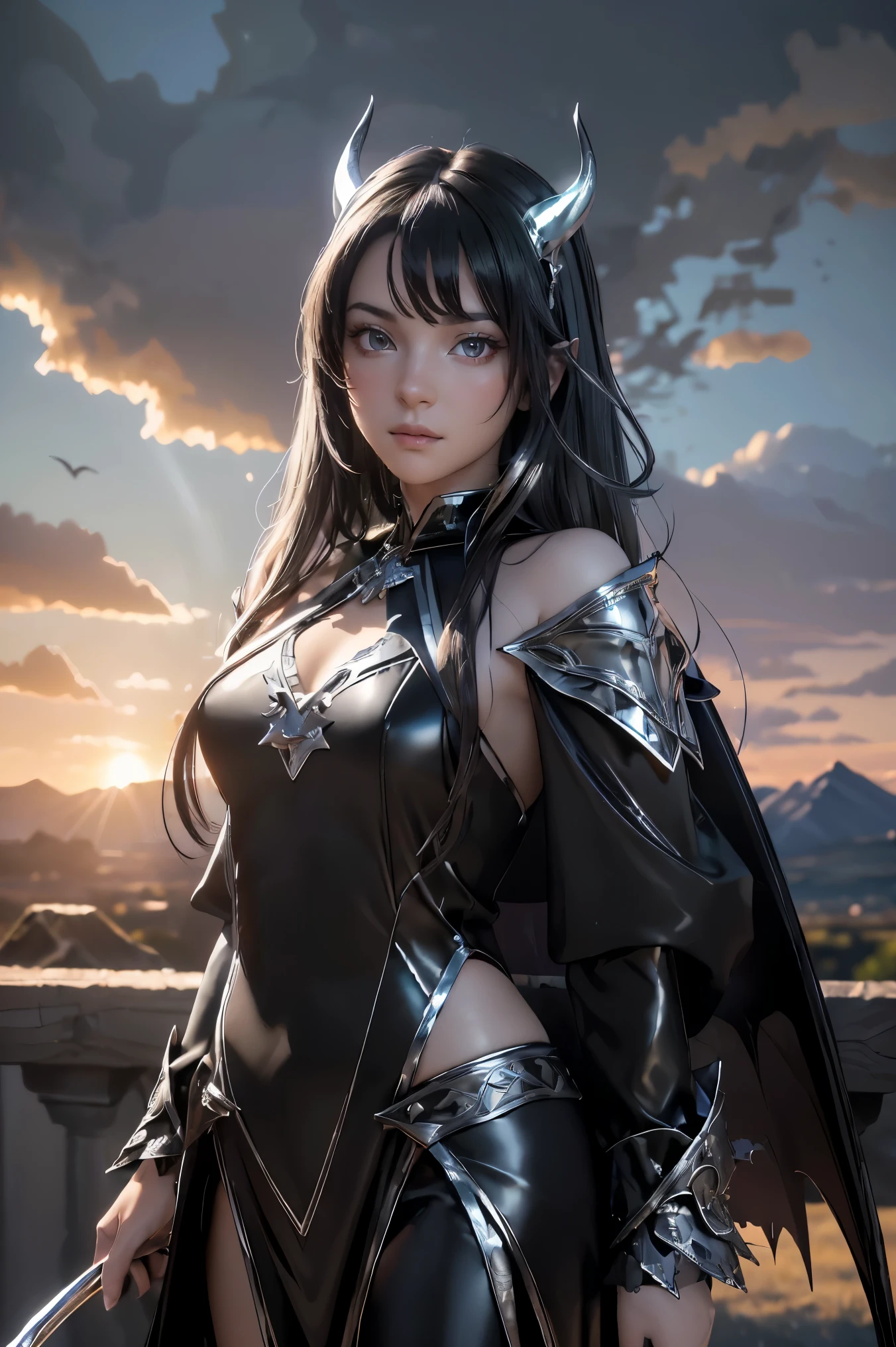 ((masterpiece, best quality, extremely detailed), volumetric lighting, ambient occlusion, colorful, glowing), 1girl, solo, young girl, (dark hair), long hair, horns, aura, devilish, goddess, cleric suit, (black outfit with silver detailst:1.3), devil wings, outdoors, sunset, sky, clouds, space, (fantasy theme:1.2),