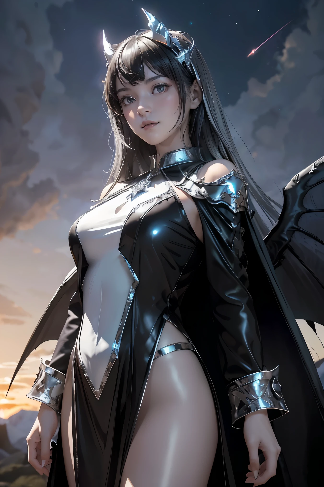 ((masterpiece, best quality, extremely detailed), volumetric lighting, ambient occlusion, colorful, glowing), 1girl, solo, young girl, (dark hair), long hair, horns, aura, devilish, goddess, cleric suit, (black outfit with silver detailst:1.3), devil wings, outdoors, sunset, sky, clouds, space, (fantasy theme:1.2),