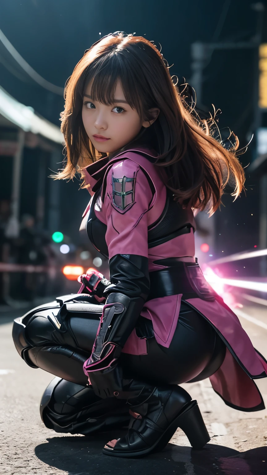 (１People Girl、、Superhero, Modern pink costumes)、Butt, Small waist、beautiful、Best Quality、masterpiece、Ultra-high resolution、Ultra HD、(Photorealistic:1.4)、RAW Photos、1 girl、fight、Glowing Skin、beautifulナイフで、（pink bodysuit）、(fight、In the midst of a fierce battle),（激しくfight against aliens）、激しくfight、(Small LED)、((Ultra-Realistic Details))、Portrait、(強力でhugeなの背景),Global Illumination、Octane Rendering、8k、Super sharp、huge 、Intricate decorative details、More about Japan、Very intricate details、Realistic Light、(Mystical Expressions),CGSoation Trend、To the camera、Neon Details、Small LED、Monster Beast Attack）、During combat、To the camera、squat、Bend、Speed Motion、Motion Blur、