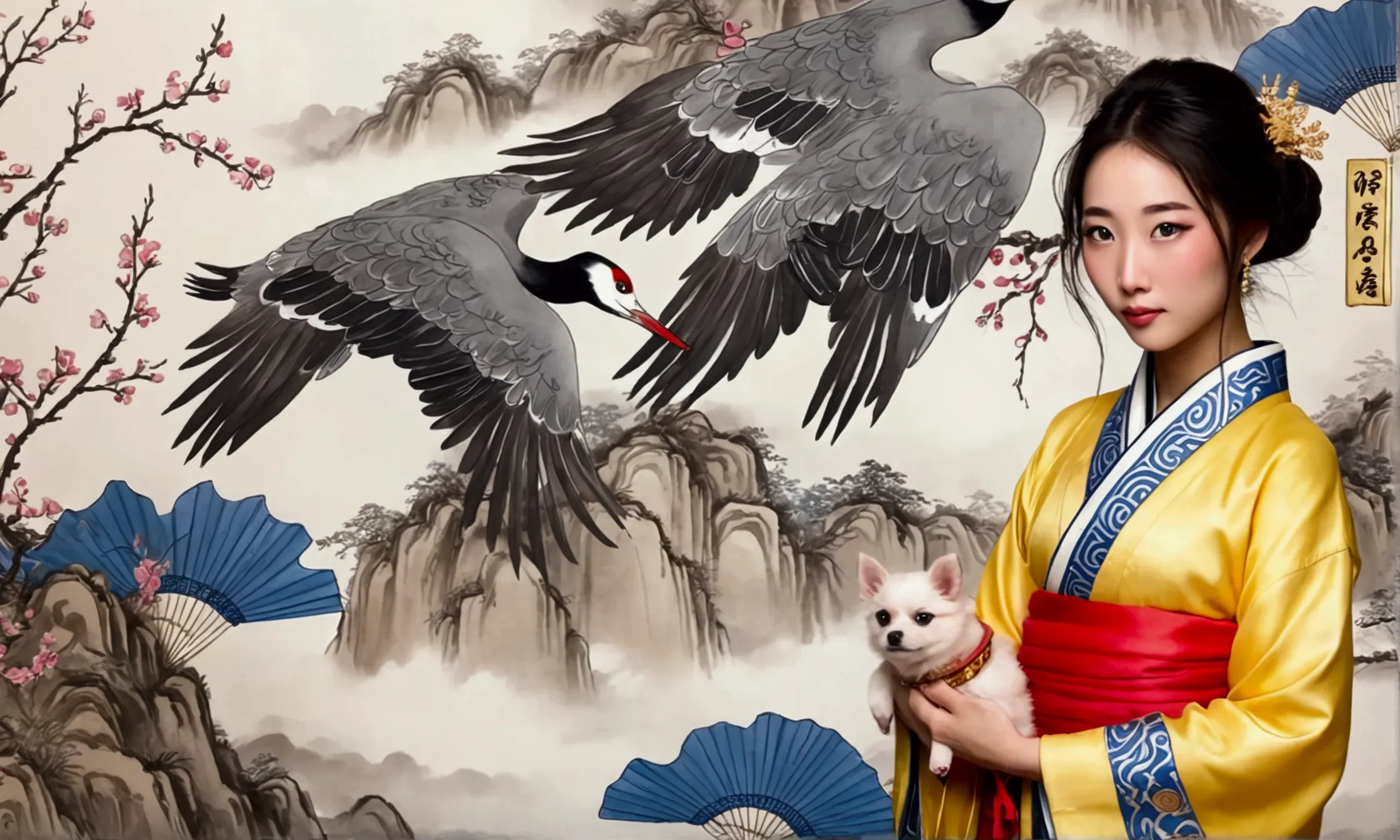 a cute yuna in ancient china playing with her dog,delicate lines,gorgeous costumes in ancient china,delicate and vivid,shy face,...