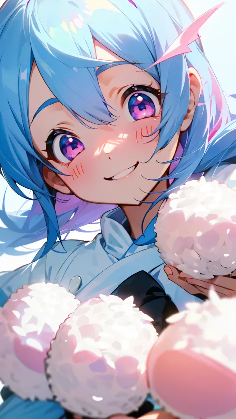 1 girl、light blue hair、pink eyes、with rice balls in both hands、with a smile、laugh together、upper body close-up、