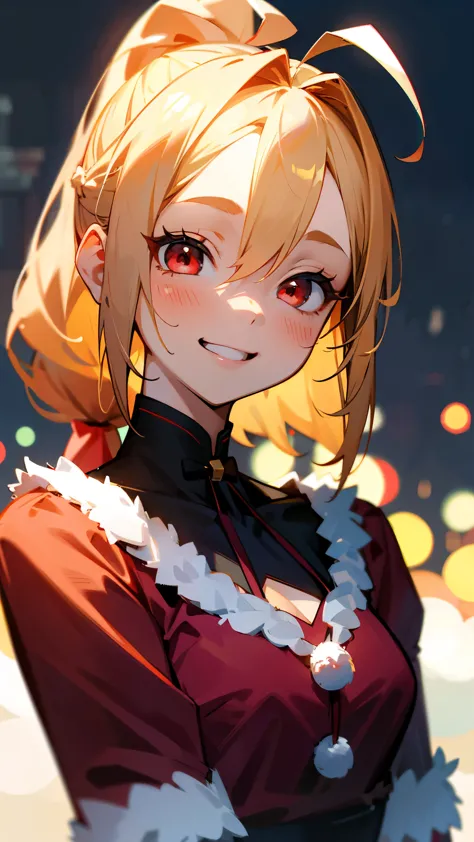 1 girl、dressed as santa、blonde ponytail、ahoge、beautiful red eyes、smile、laughter、medium size chest、christmas outdoor、subtle detai...