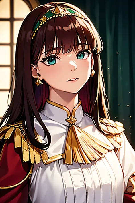 a highly detailed portrait of a young woman in a vibrant and intricate cosplay costume. she has long, straight dark brown hair w...