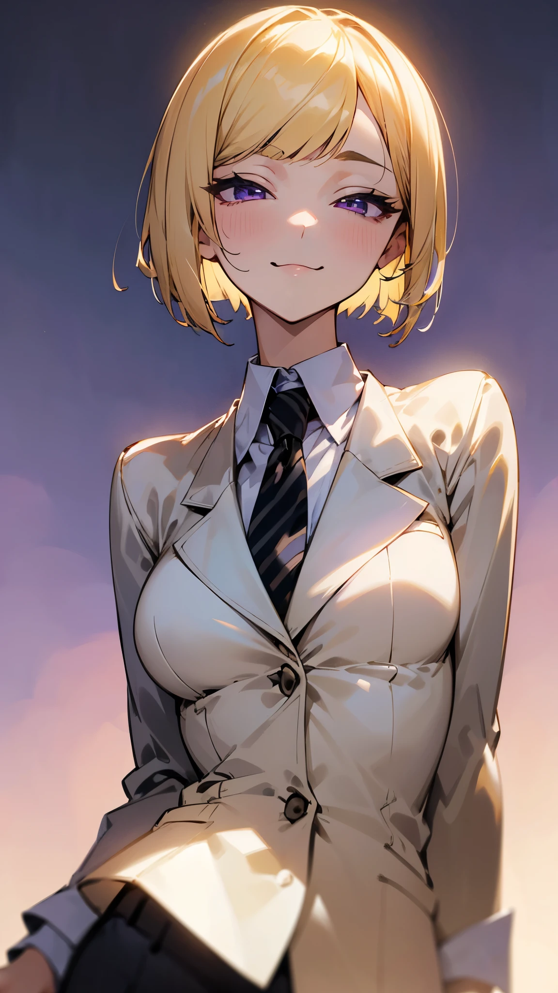 1 girl、(Blonde)、Short Hair、Bobcut、Blunt-cut bangs、Beautiful purple eyes、Slender body、Upper body close-up、White shirt、Black work trousers、black fitted blazer、Calm face、Mouth closed、Cheeky Smile、Squint your eyes、Park in the background、sunset、Soft lighting。