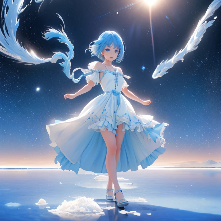 Absurd, High resolution, (Official Art, beautifully、Midea:1.2), (Short-sighted:1.15), (One Girl, Blue Hair, Medium Hair, blue eyes, Bright Eyes, long white dress, Blue frills,:1.2) blue sky, Shining Galaxy, (Uyuni Salt Flats:1.2), (Fractal Art:0.8), Water effect, Ripple Effect, (Flower effect: 0.65), Light effects,