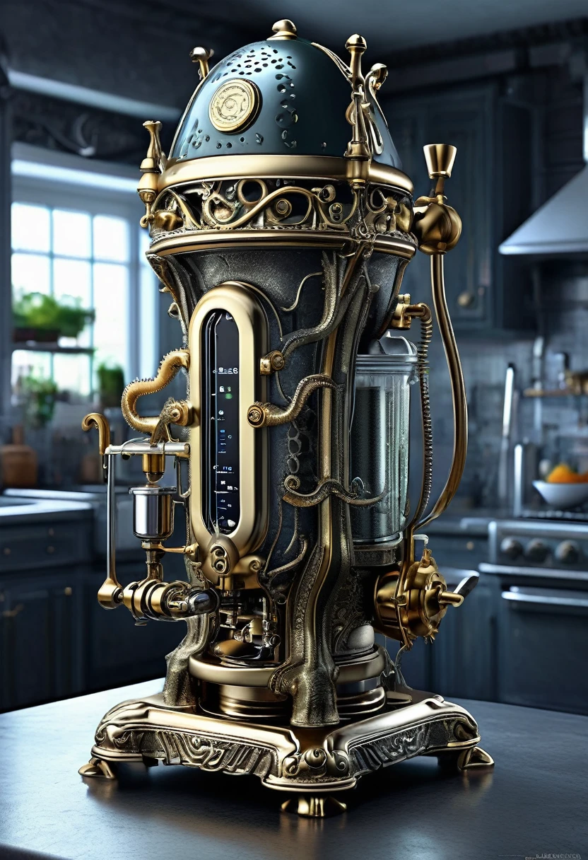 （Squid-shaped blender），（Electric Juicer）（Crocodile Monster），Goth Style，punk，Creative Product Design，Very unified CG，Intricate details， 
background：Kitchen wasteland, Sci-fi art, Space Style，Excellent，Hyperrealistic，Thriller，Dennis Ruston Style，