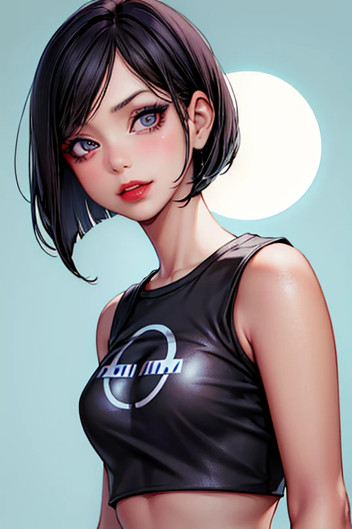 (best quality, masterpiece, perfect face) black bob parted bangs hair , pale girl solo, looking at viewer, rebellions, short hair, light blue background, smirk ,deep purple eyeliner, makeup, red lips , medium breast , loose crop top t- shirt.rebellions 