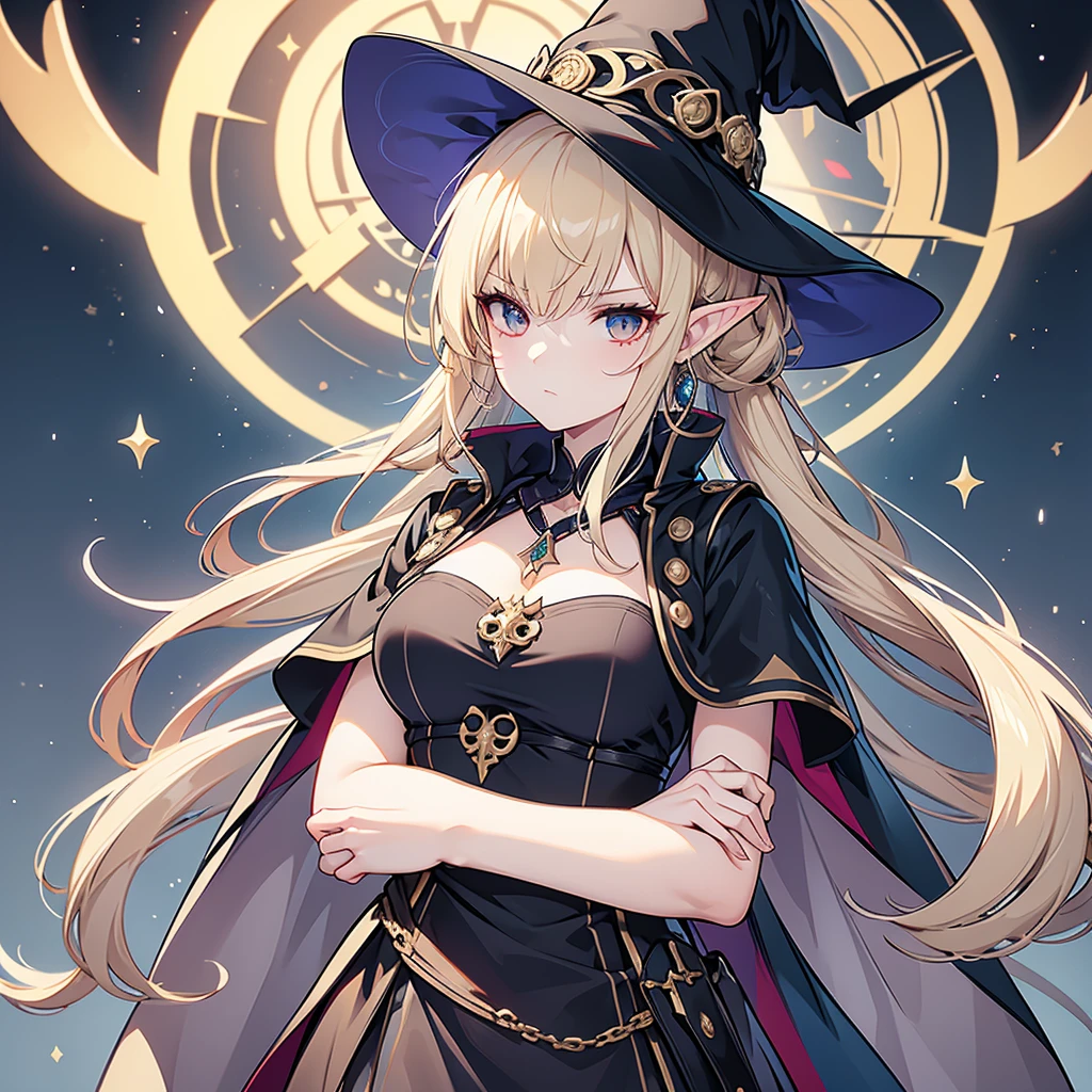 Eye patch、Witch costume、elf、grimoire、magic circle、A look that seems to be relaxed、Long Hair, chest, Blonde, ponytail, Pointy Ears, Highest quality, Snap your fingers、One Woman, Detailed face, Soft Lighting, Soft Light, Soft Focus, Perfect Face, Beautiful and accurate anatomy, Expose too much, 8k, 4K, (High resolution:1.1), Best Quality, (masterpiece:1.3), One girl, alone, jewelry, brown eyesSee viewers, Earrings on only one ear、Beautiful woman、Medieval streetscape、Night view、Shining magic circle、Arms crossed、Intimidating look、Black clothes