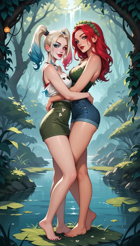 score_9, score_8_up, score_7_up, source_cartoon, 2girls, duo, (kaley cuco as harley quinn:1.3) and (lake bell as poison ivy:1.2)...