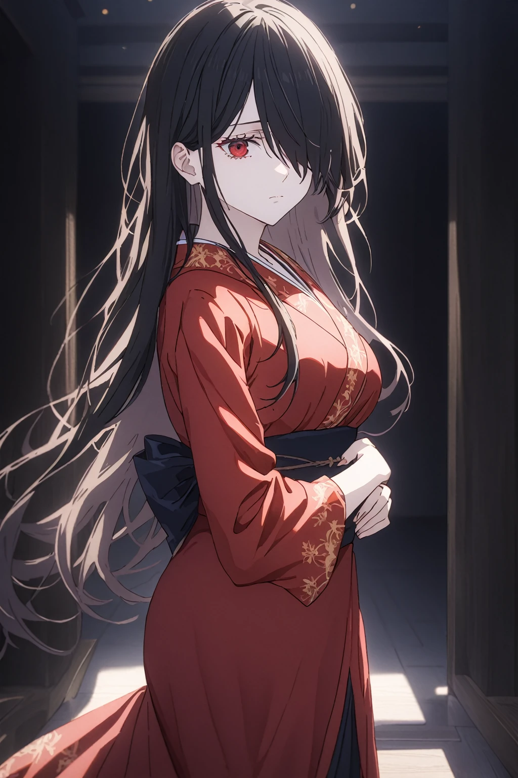 Cowboy Shot, jujutsu_kaisen_style, 1girl, Solo, Looking at viewer, Shy, Cute, Red Eyes, Empty Eyes, Expressionless Eyes, Black Hair, Very Long Hair, Straight Hair, ((Hair Over One Eye, Swept Bangs:1.5)), Petite, Large breasts, Pale Skinned, Slender, Curvy, ((Red kimono)), Standing, Cinematic Lighting, Masterpiece, 4K, Best Quality, High Resolution, Accurate, Award Winning, (SuperQuality:1.0) ~ (SuperQuality:1.2)