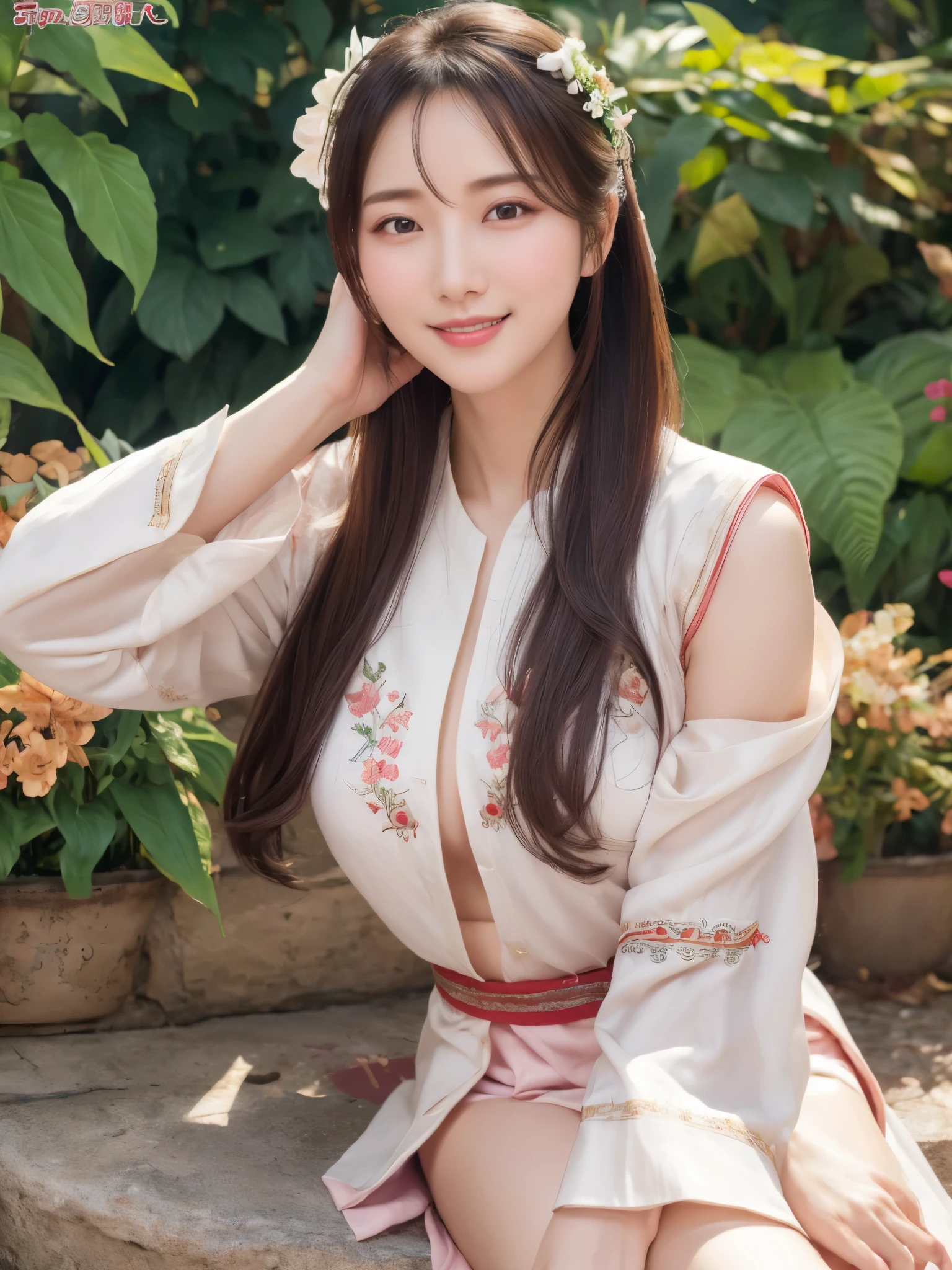 ((real photos:1.3)),((Super detailed)),((sharp:1.5)),1 female, A Korean-style woman walks around the palace，Smiling face。Beautiful breast shape,Hair tied up and fixed with hostas，Makeup，fair complexion and light pink lips，Wearing a bright 저고리 that is made of very good material and beautifully embroidered, only worn by the royal family.，Wide sleeves，Take off half to see beautiful breasts,But no nipples are seen,Pair it with a flowing 치마 skirt in a contrasting color，Wearing traditional flat silk shoes，soft light，Ultra-high realism --style raw --s 400 --ar 4:3 -- in 6
