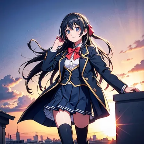 please fill it up, long hair, black hair, (single blade:1.2), hair ribbon, red jacket, blazer, blue bow tie, long sleeve, white ...