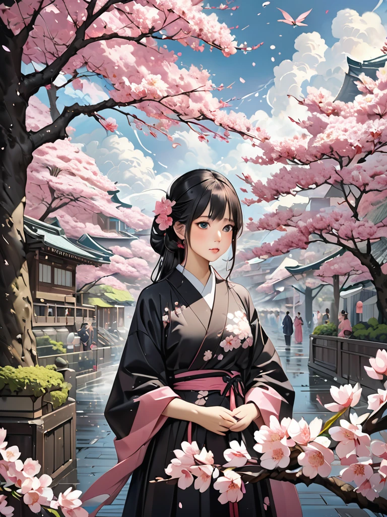 Thick oil painting touch、Uses cherry blossom storm effect、masterpiece,Best Quality,Detailed,Super detailed,