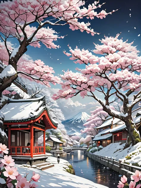 thick oil painting touch、cherry blossom snowfall as a white effect、masterpiece,best quality,detailed,super detailed,