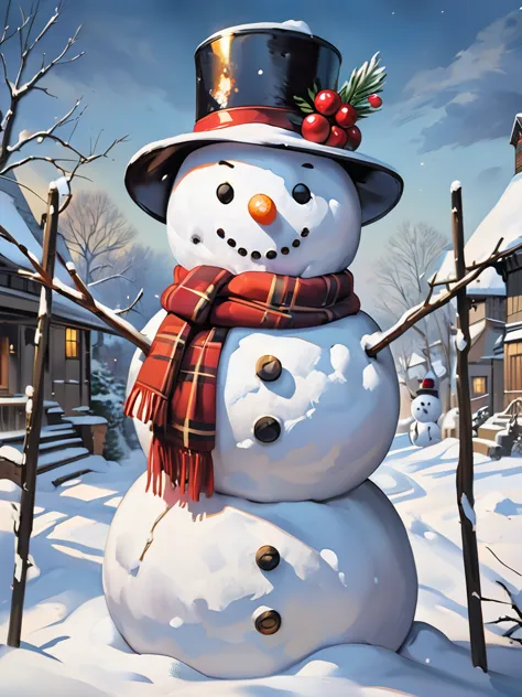 a snowman painted with an oil painting touch