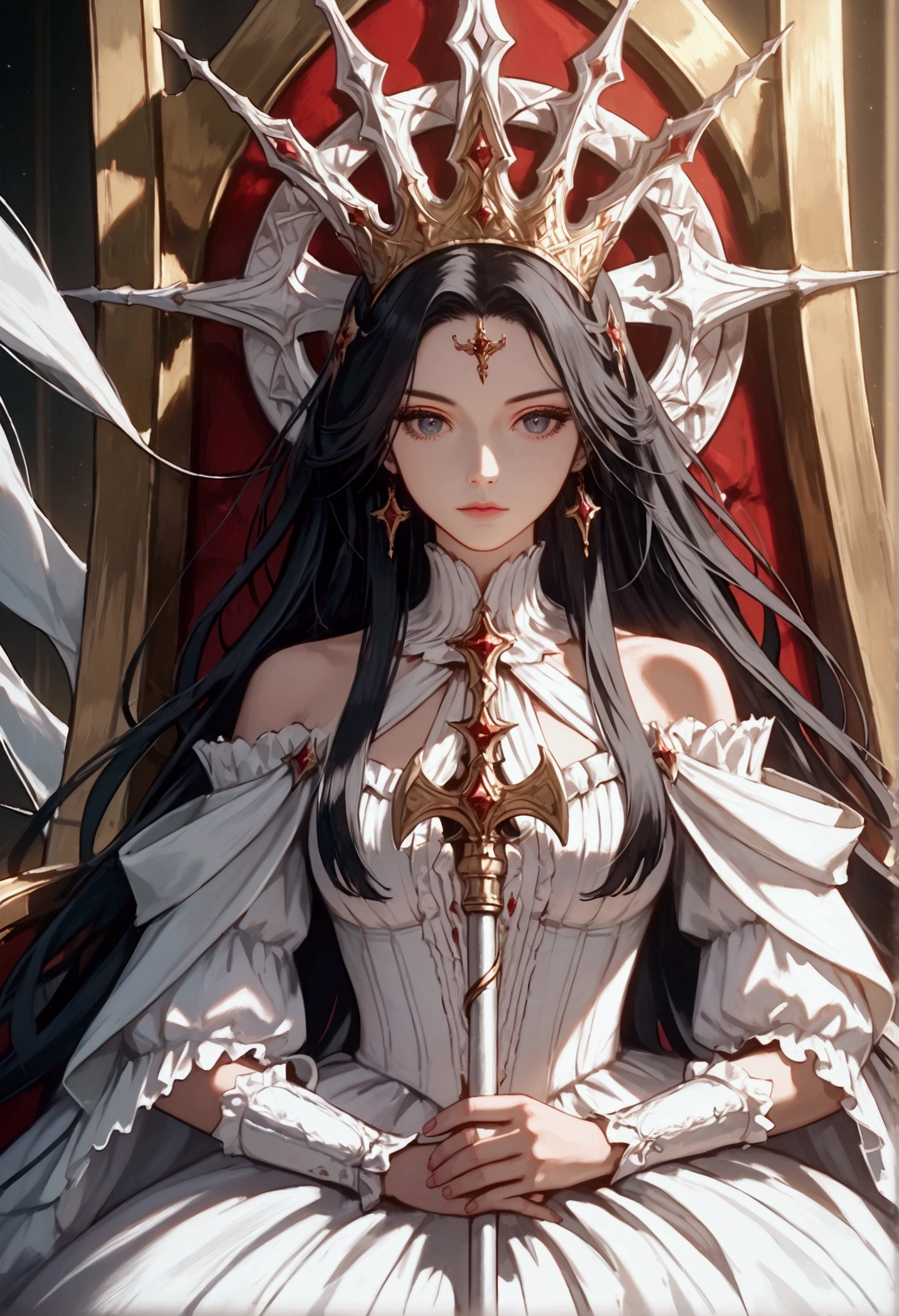 a picture of an empress  wearing white dress (intricate details, Masterpiece, best quality: 1.5), holding a scepter (intricate details, Masterpiece, best quality: 1.5), wearing a crown with 12 stars (intricate details, Masterpiece, best quality: 1.5), sitting on a throne (intricate details, Masterpiece, best quality: 1.5), black hair, long hair, flowing hair, intense eyes,  dynamic light, from the front, high details, best quality, 16k, ((ultra detailed)), masterpiece, best quality, (extremely detailed), ultra wide shot, photorealistic,  ((12 stars in the background)), best quality, highres, ultra wide angle, fflix_ufantasy