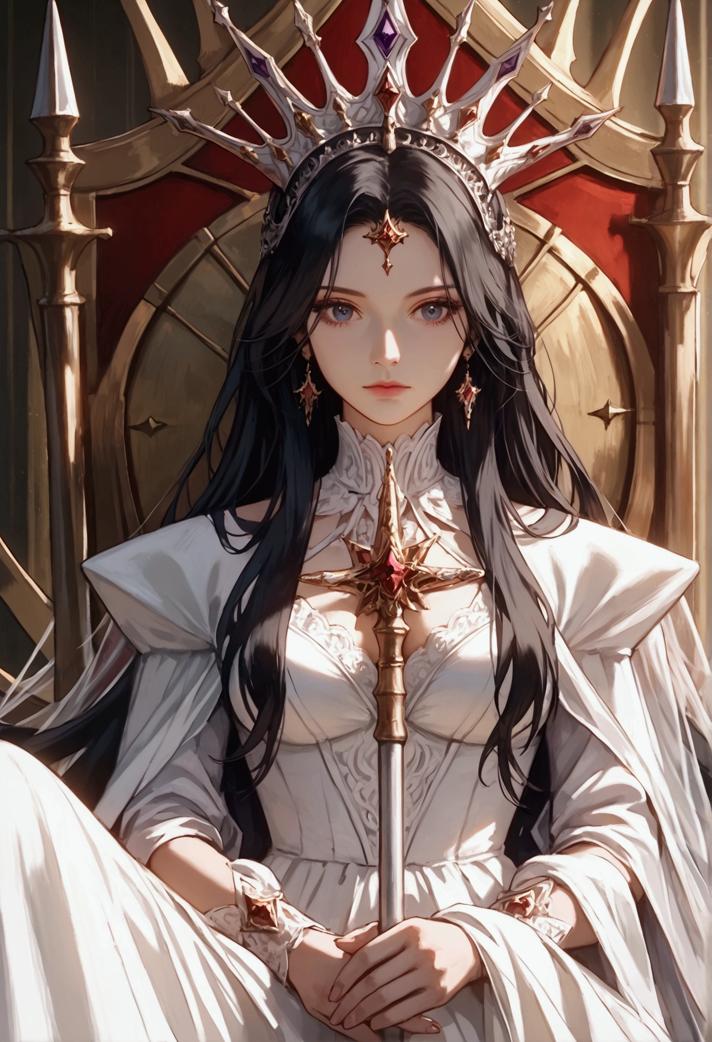 a picture of an empress  wearing white dress (intricate details, Masterpiece, best quality: 1.5), holding a scepter (intricate details, Masterpiece, best quality: 1.5), wearing a crown with 12 stars (intricate details, Masterpiece, best quality: 1.5), sitting on a throne (intricate details, Masterpiece, best quality: 1.5), black hair, long hair, flowing hair, intense eyes,  dynamic light, from the front, high details, best quality, 16k, ((ultra detailed)), masterpiece, best quality, (extremely detailed), ultra wide shot, photorealistic,  ((12 stars in the background)), best quality, highres, ultra wide angle, fflix_ufantasy