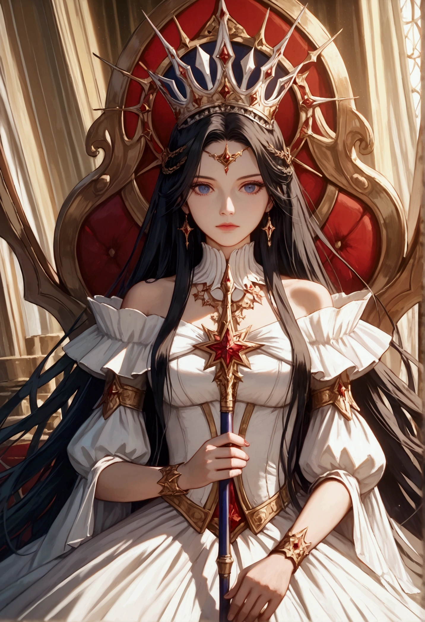 a picture of an empress  wearing white dress (intricate details, Masterpiece, best quality: 1.5), holding a scepter (intricate details, Masterpiece, best quality: 1.5), wearing a crown with 12 stars (intricate details, Masterpiece, best quality: 1.5), sitting on a throne (intricate details, Masterpiece, best quality: 1.5), black hair, long hair, flowing hair, intense eyes,  dynamic light, from the front, high details, best quality, 16k, ((ultra detailed)), masterpiece, best quality, (extremely detailed), ultra wide shot, photorealistic,  ((12 stars in the background)), best quality, highres, ultra wide angle, fflix_ufantasy