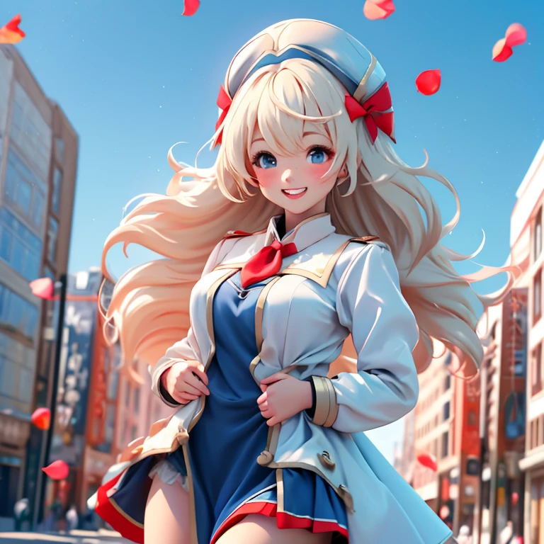 For women、Bans、Platinum Blonde、Red Uniform、blush、breastplate、shirt、Cowboy Shots、Dress shirt、Eyebrows visible through hair、Grin、Bob Hair、Viewer Perspective、Navy blue tie ribbon、Akame、Student Uniform、Red Skirt、smile、solo、blue sky、petal、Fashionable、Year、colorful、dynamic、Buildings line the city background