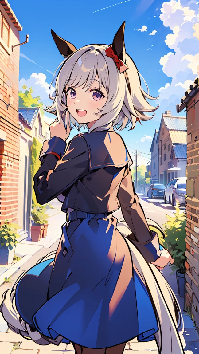 masterpiece, Best Quality, High resolution, Very detailed,(((Karen Chan))), (((Horse Girl)))、(((Around town)))、(((Standing far away))), (((Facing forward。))), (((Brick wall))), (((Against the backdrop of blue sky))), (((Laughing。)))