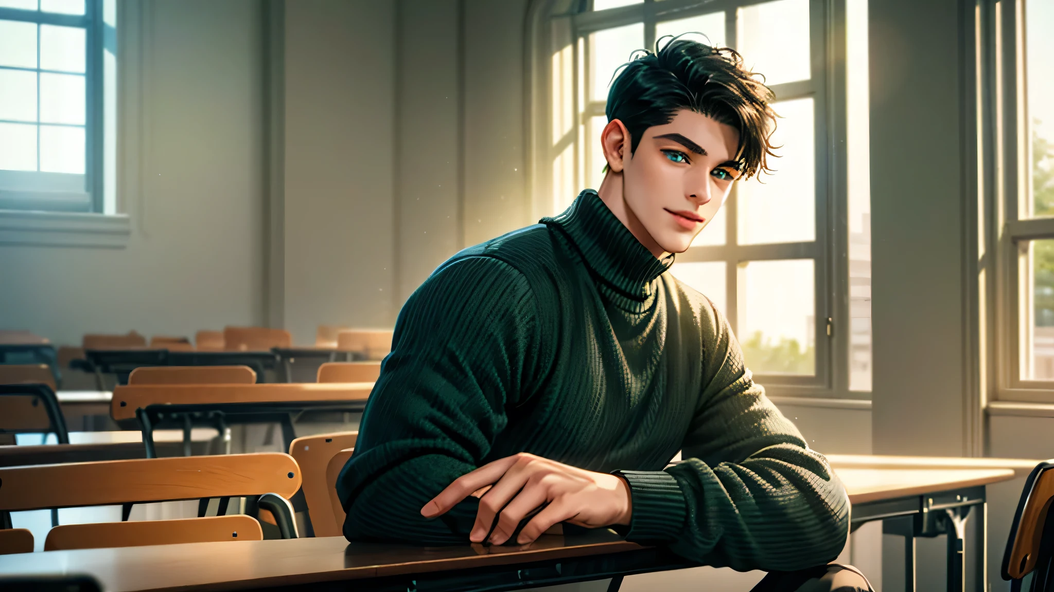 Handsome young man, black hair short hair, blue eyes, ombros largos, masterpiece, Absurd, Beautiful and detailed face, with dark green long sleeved sweater, daytime environment, sitting in a classroom, seductive smile