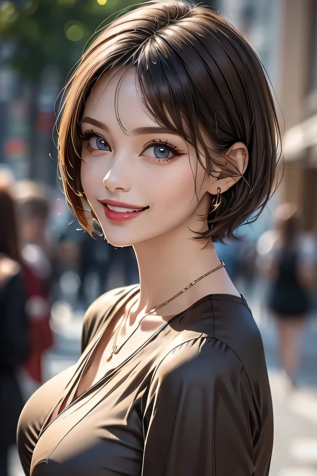 1 Female, (1 supermodel), (Perfect Anatomy), Anatomically correct body shape, (Cowboy Shot), Golden Ratio, (Best Quality:1.4), 32k resolution, (Realistic:1.5), (超Realistic:1.5), High resolution UHD, (masterpiece:1.2)), (Improved quality:1.4), (Very beautiful facial details), (Grin), (Best QualityのRealisticな肌のテクスチャ), ((Random color silk dress:1.37)), Big earrings, necklace, (Huge breasts:1.3), (thigh), (Huge Ass), Accurate Fingers, Very detailed, Beautiful Eyes, double eyelid, Eyelashes, Shaping your eyebrows, ((Very detailed portraits)), Red cheeks, Ultra-realistic eyes, Perfect Lips, Perfect Eyes, Perfect Iris, Natural Makeup, [Pink lipstick], ((A great eye for quality:1.2)), (Beautiful Lips:1.33), (Great nose:1.2), (Large Breasts), brunette pixie cut, ((Realistic)), ((Sharp focus)), (Highest Resolution), ((The most ridiculous quality)), ((masterpiece)), Professional Cinema Lighting, Transparent