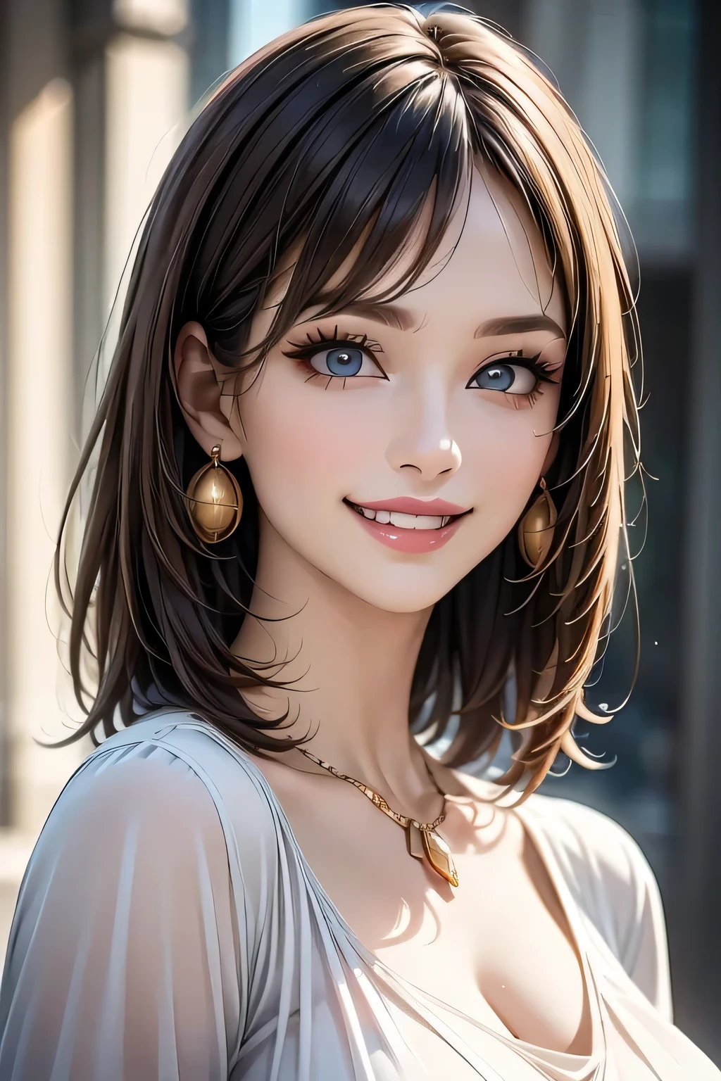 1 Female, (1 supermodel), (Perfect Anatomy), Anatomically correct body shape, (Cowboy Shot), Golden Ratio, (Best Quality:1.4), 32k resolution, (Realistic:1.5), (超Realistic:1.5), High resolution UHD, (masterpiece:1.2)), (Improved quality:1.4), (Very beautiful facial details), (Grin), (Best QualityのRealisticな肌のテクスチャ), ((Random color silk dress:1.37)), Big earrings, necklace, (Huge breasts:1.3), (thigh), (Huge Ass), Accurate Fingers, Very detailed, Beautiful Eyes, double eyelid, Eyelashes, Shaping your eyebrows, ((Very detailed portraits)), Red cheeks, Ultra-realistic eyes, Perfect Lips, Perfect Eyes, Perfect Iris, Natural Makeup, [Pink lipstick], ((A great eye for quality:1.2)), (Beautiful Lips:1.33), (Great nose:1.2), (Large Breasts), brunette pixie cut, ((Realistic)), ((Sharp focus)), (Highest Resolution), ((The most ridiculous quality)), ((masterpiece)), Professional Cinema Lighting, Transparent