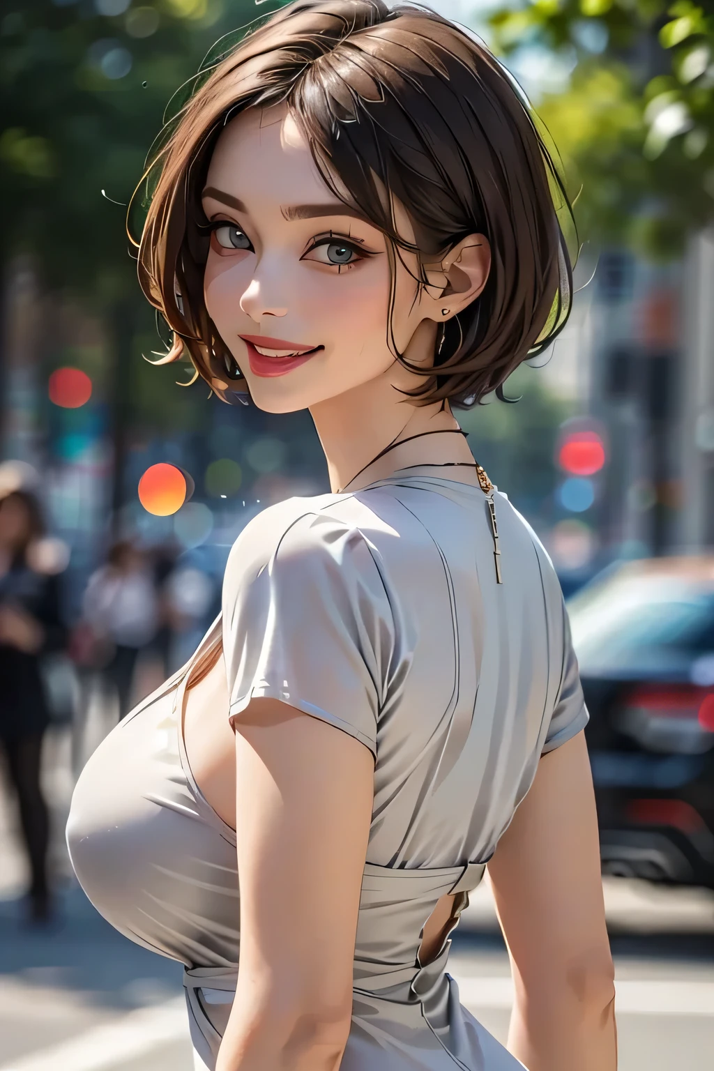 1 Female, (1 supermodel), (Perfect Anatomy), Anatomically correct body shape, (Cowboy Shot), Golden Ratio, (Best Quality:1.4), 32k resolution, (Realistic:1.5), (超Realistic:1.5), High resolution UHD, (masterpiece:1.2)), (Improved quality:1.4), (Very beautiful facial details), (Grin), (Best QualityのRealisticな肌のテクスチャ), ((Random color silk dress:1.37)), Big earrings, necklace, (Huge breasts:1.3), (thigh), (Huge Ass), Accurate Fingers, Very detailed, Beautiful Eyes, double eyelid, Eyelashes, Shaping your eyebrows, ((Very detailed portraits)), Red cheeks, Ultra-realistic eyes, Perfect Lips, Perfect Eyes, Perfect Iris, Natural Makeup, [Pink lipstick], ((A great eye for quality:1.2)), (Beautiful Lips:1.33), (Great nose:1.2), (Large Breasts), brunette pixie cut, ((Realistic)), ((Sharp focus)), (Highest Resolution), ((The most ridiculous quality)), ((masterpiece)), Professional Cinema Lighting, Transparent