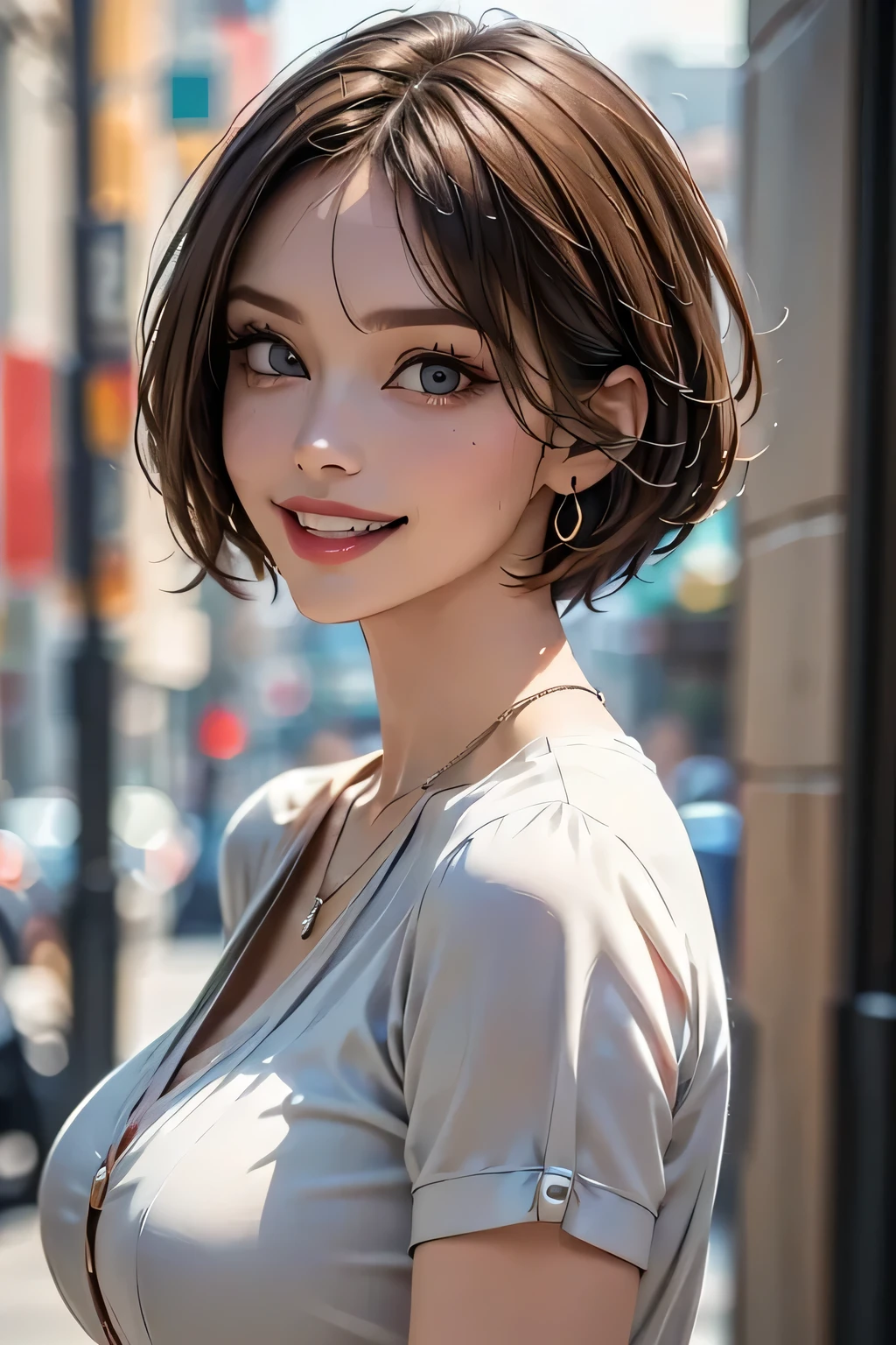 1 Female, (1 supermodel), (Perfect Anatomy), Anatomically correct body shape, (Cowboy Shot), Golden Ratio, (Best Quality:1.4), 32k resolution, (Realistic:1.5), (超Realistic:1.5), High resolution UHD, (masterpiece:1.2)), (Improved quality:1.4), (Very beautiful facial details), (Grin), (Best QualityのRealisticな肌のテクスチャ), ((Random color silk dress:1.37)), Big earrings, necklace, (Huge breasts:1.3), (thigh), (Huge Ass), Accurate Fingers, Very detailed, Beautiful Eyes, double eyelid, Eyelashes, Shaping your eyebrows, ((Very detailed portraits)), Red cheeks, Ultra-realistic eyes, Perfect Lips, Perfect Eyes, Perfect Iris, Natural Makeup, [Pink lipstick], ((A great eye for quality:1.2)), (Beautiful Lips:1.33), (Great nose:1.2), (Large Breasts), brunette pixie cut, ((Realistic)), ((Sharp focus)), (Highest Resolution), ((The most ridiculous quality)), ((masterpiece)), Professional Cinema Lighting, Transparent