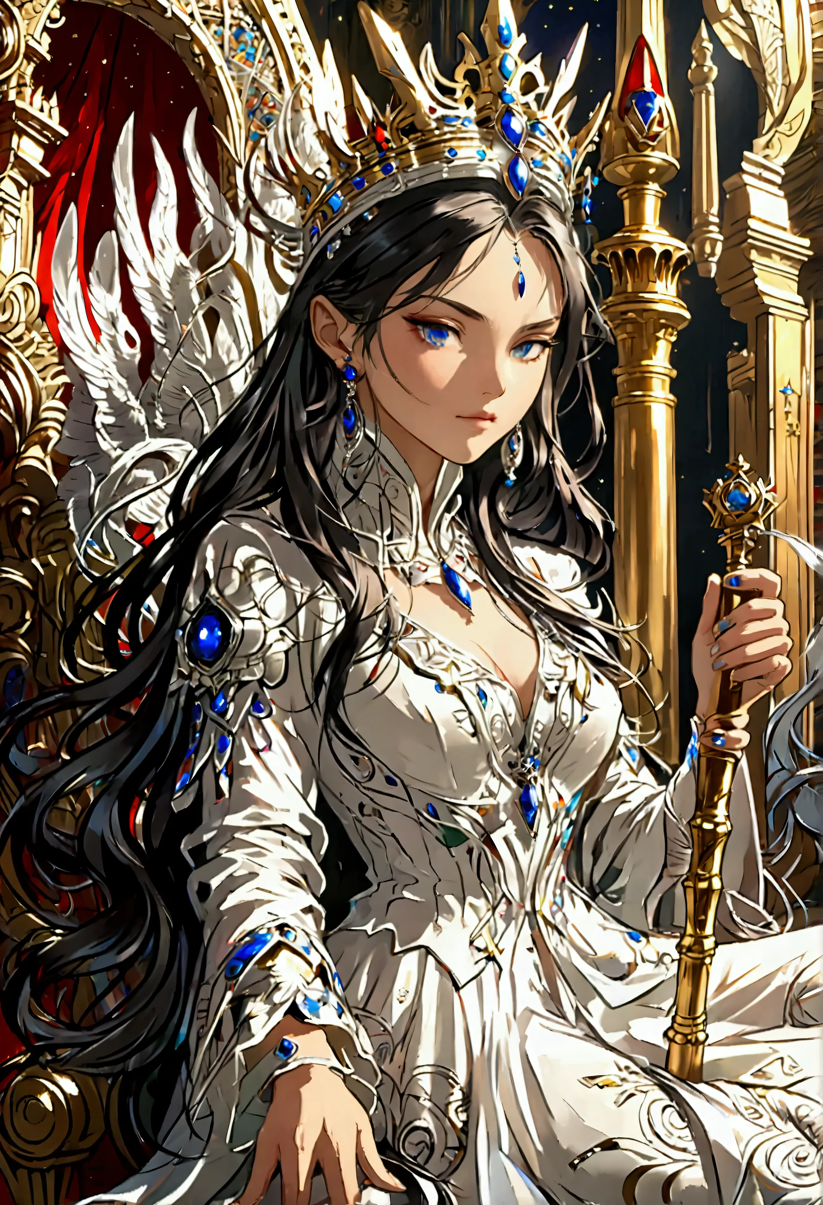 a picture of an empress  wearing white dress (intricate details, Masterpiece, best quality: 1.5), holding a scepter (intricate details, Masterpiece, best quality: 1.5), wearing a crown with 12 stars (intricate details, Masterpiece, best quality: 1.5), sitting on a throne (intricate details, Masterpiece, best quality: 1.5), black hair, long hair, flowing hair, intense eyes,  dynamic light, from the front, high details, best quality, 16k, ((ultra detailed)), masterpiece, best quality, (extremely detailed), ultra wide shot, photorealistic,  ((12 stars in the background)), best quality, highres, ultra wide angle, fflix_ufantasy