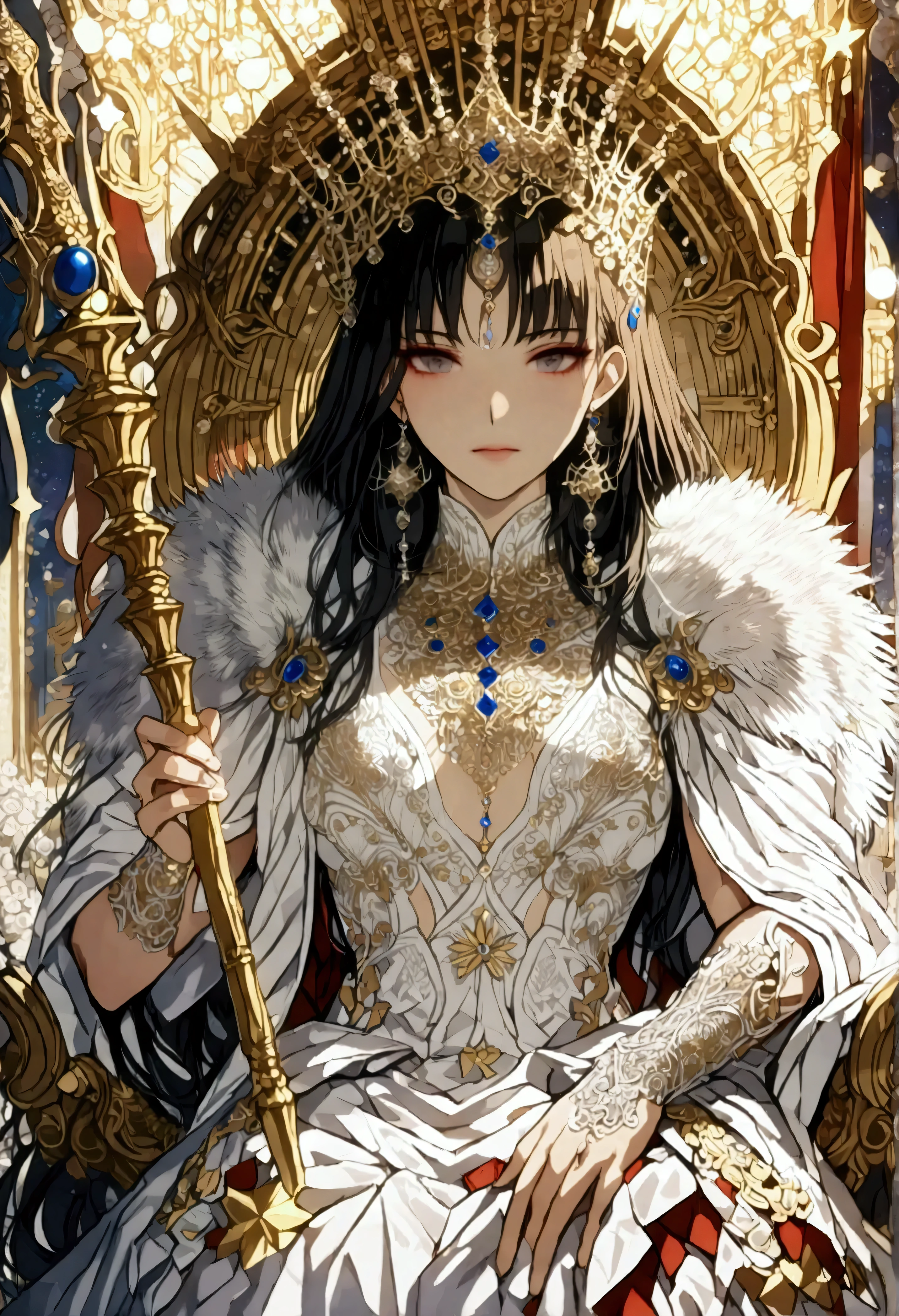 a picture of an empress  wearing white dress (intricate details, Masterpiece, best quality: 1.5), holding a scepter (intricate details, Masterpiece, best quality: 1.5), wearing a crown with 12 stars (intricate details, Masterpiece, best quality: 1.5), sitting on a throne (intricate details, Masterpiece, best quality: 1.5), black hair, long hair, flowing hair, intense eyes,  dynamic light, from the front, high details, best quality, 16k, ((ultra detailed)), masterpiece, best quality, (extremely detailed), ultra wide shot, photorealistic,  ((12 stars in the background)), best quality, highres, ultra wide angle, fflix_ufantasy