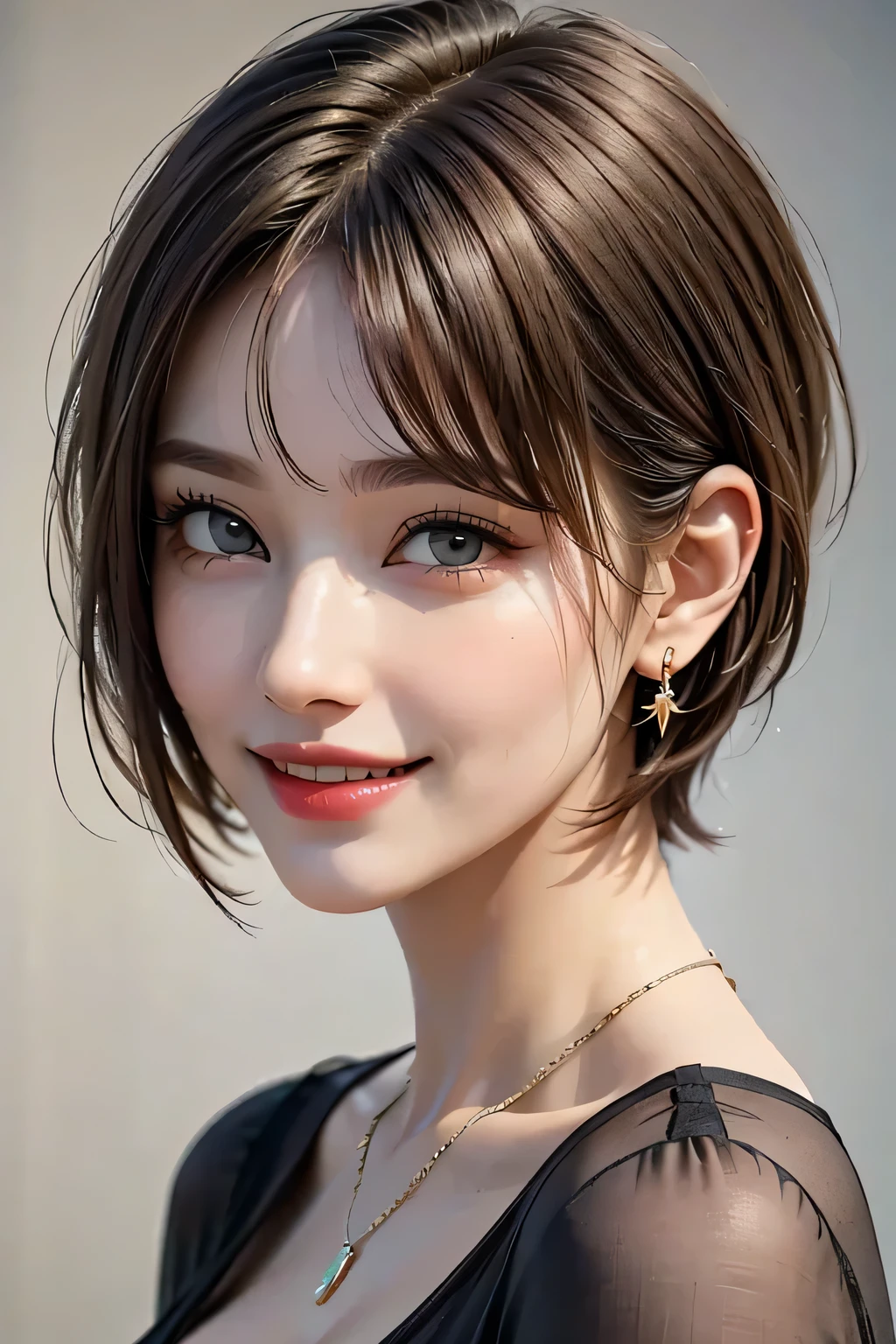 1 Female, (1 supermodel), (Perfect Anatomy), Anatomically correct body shape, (Cowboy Shot), Golden Ratio, (Best Quality:1.4), 32k resolution, (Realistic:1.5), (超Realistic:1.5), High resolution UHD, (masterpiece:1.2)), (Improved quality:1.4), (Very beautiful facial details), (Grin), (Best QualityのRealisticな肌のテクスチャ), ((Random color silk dress:1.37)), Big earrings, necklace, (Huge breasts:1.3), (thigh), (Huge Ass), Accurate Fingers, Very detailed, Beautiful Eyes, double eyelid, Eyelashes, Shaping your eyebrows, ((Very detailed portraits)), Red cheeks, Ultra-realistic eyes, Perfect Lips, Perfect Eyes, Perfect Iris, Natural Makeup, [Pink lipstick], ((A great eye for quality:1.2)), (Beautiful Lips:1.33), (Great nose:1.2), (Large Breasts), brunette pixie cut, ((Realistic)), ((Sharp focus)), (Highest Resolution), ((The most ridiculous quality)), ((masterpiece)), Professional Cinema Lighting, Transparent