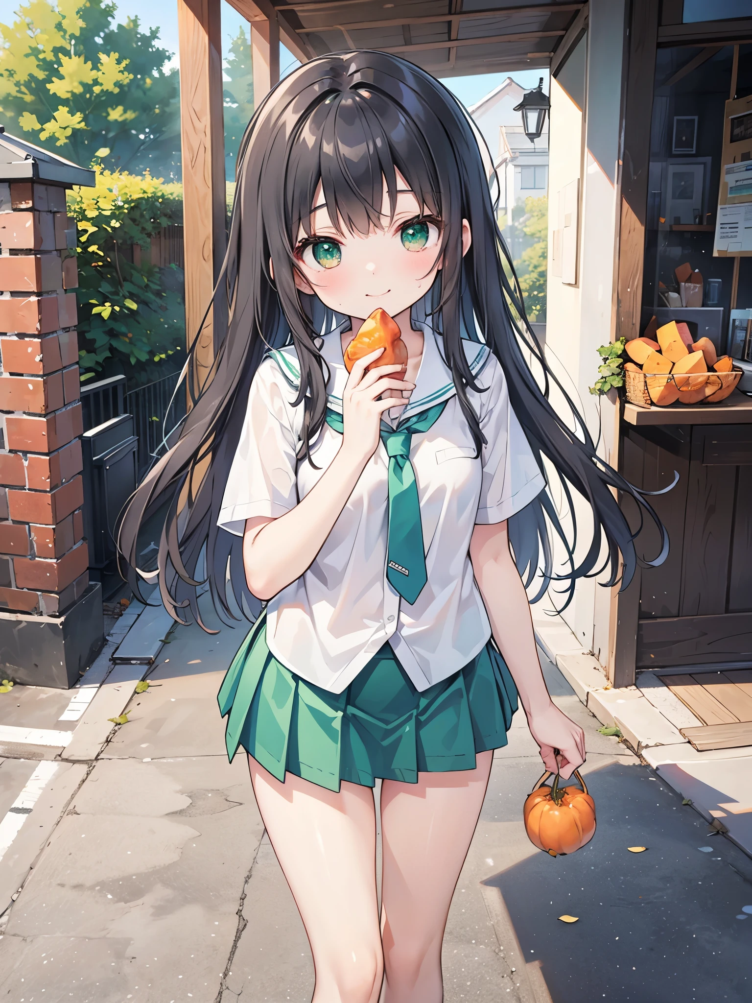 ((Best Quality, 8k, masterpiece: 1.3)),people間の女の子,１people,１peopleで,((Petite,Glamorous Body,Curvy)),cute,A smiling face as she munches on sweet potato with relish,((Long black hair)),Beautiful emerald green eyes,(((Holding a large half-eaten sweet potato in both hands while walking))),Short sleeve blouse,Green tie,Green mini skirt,Scenery of the school route home from school in Japan,(((Bust Shot))),