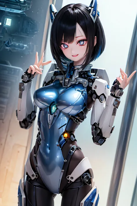 (SFW:2), photorealistic, realistic photo, 8k, ((highest quality)), ((masterpiece)), (extremely detailed), kukolnydom, doll, mecha musume, mechanical parts, ((robot joints)), (bodysuit,), headgear, (cowboy shot, spaceship room, mature woman, 22yo, 22_years_old, solo:1.6), (model pose, light smile, parted lips, black hair, lob, medium breasts, glass eyes, gradient eyes, shining eyes, detailed eyes:1.3)