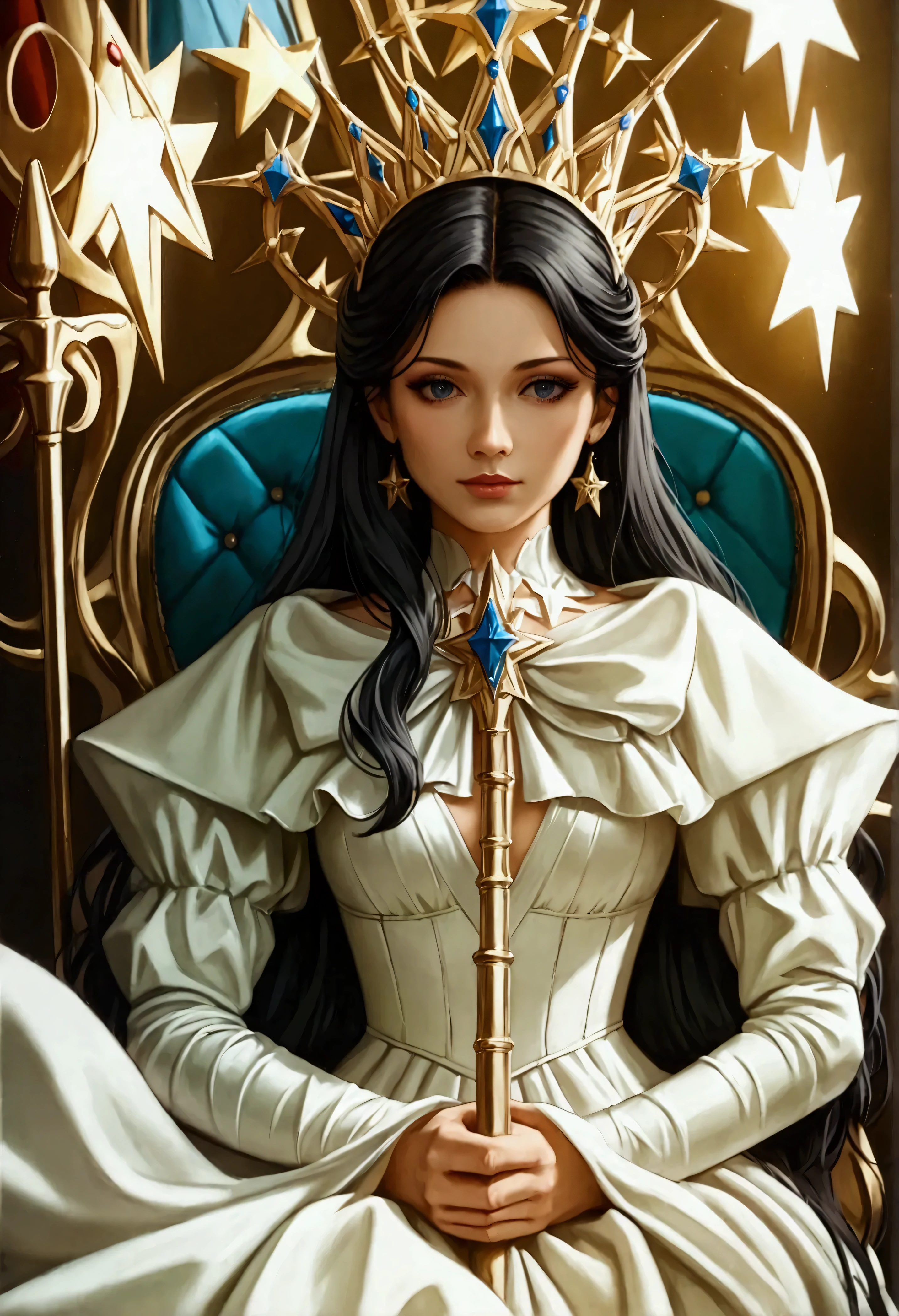 a picture of an empress  wearing white dress (intricate details, Masterpiece, best quality: 1.5), holding a scepter (intricate details, Masterpiece, best quality: 1.5), wearing a crown with 12 stars (intricate details, Masterpiece, best quality: 1.5), sitting on a throne (intricate details, Masterpiece, best quality: 1.5), black hair, long hair, flowing hair, intense eyes,  dynamic light, from the front, high details, best quality, 16k, ((ultra detailed)), masterpiece, best quality, (extremely detailed), ultra wide shot, photorealistic,  ((12 stars in the background)), best quality, highres, ultra wide angle, fflix_ufantasy