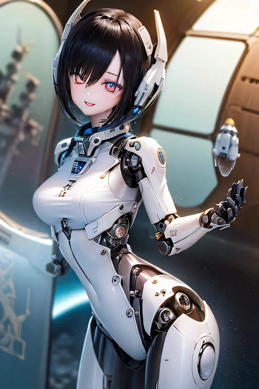 (SFW:2), photorealistic, realistic photo, 8k, ((highest quality)), ((masterpiece)), (extremely detailed), kukolnydom, doll, mecha musume, mechanical parts, ((robot joints)), bodysuit, (headgear), (cowboy shot, spaceship room, mature woman, 23yo, 23_years_old, solo:1.6), (acrobatic pose, light smile, parted lips, black hair, lob, medium breasts, glass eyes, gradient eyes, shining eyes, detailed eyes:1.3)