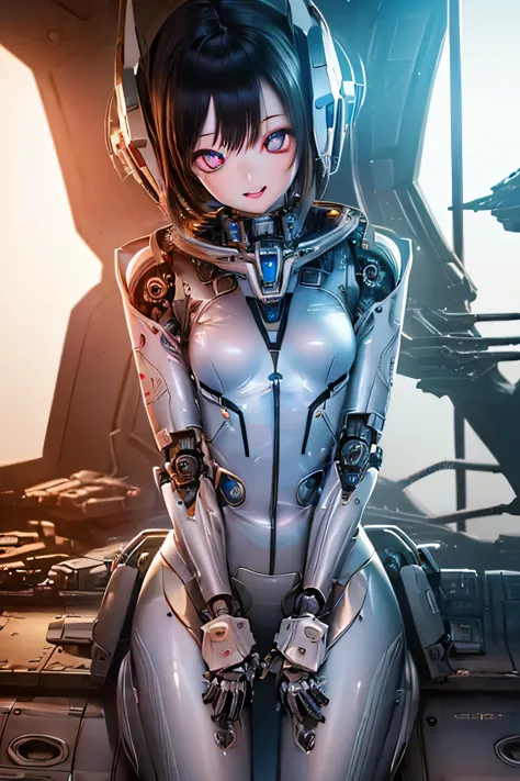 (SFW:2), photorealistic, realistic photo, 8k, ((highest quality)), ((masterpiece)), (extremely detailed), kukolnydom, doll, mecha musume, mechanical parts, ((robot joints)), bodysuit, (headgear), (cowboy shot, spaceship room, mature woman, 23yo, 23_years_old, solo:1.6), (wariza, hands between own legs, light smile, parted lips, black hair, lob, medium breasts, glass eyes, gradient eyes, shining eyes, detailed eyes:1.3)