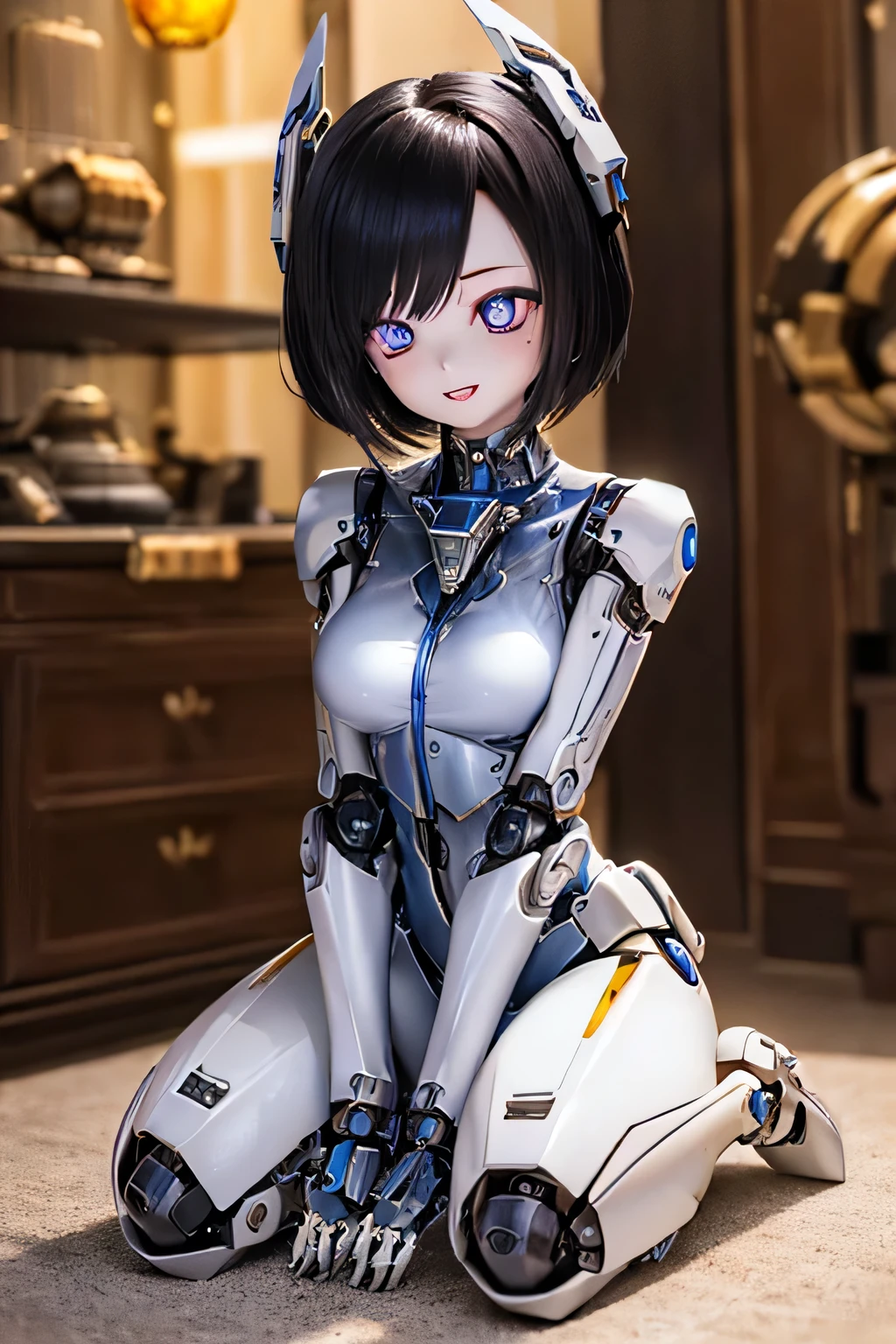 (SFW:2), photorealistic, realistic photo, 8k, ((highest quality)), ((masterpiece)), (extremely detailed), kukolnydom, doll, mecha musume, mechanical parts, ((robot joints)), bodysuit, (headgear), (full body, wariza, spaceship room, mature woman, 23yo, 23_years_old, solo:1.6), (hands between own legs, light smile, parted lips, black hair, lob, medium breasts, glass eyes, gradient eyes, shining eyes, detailed eyes:1.3)