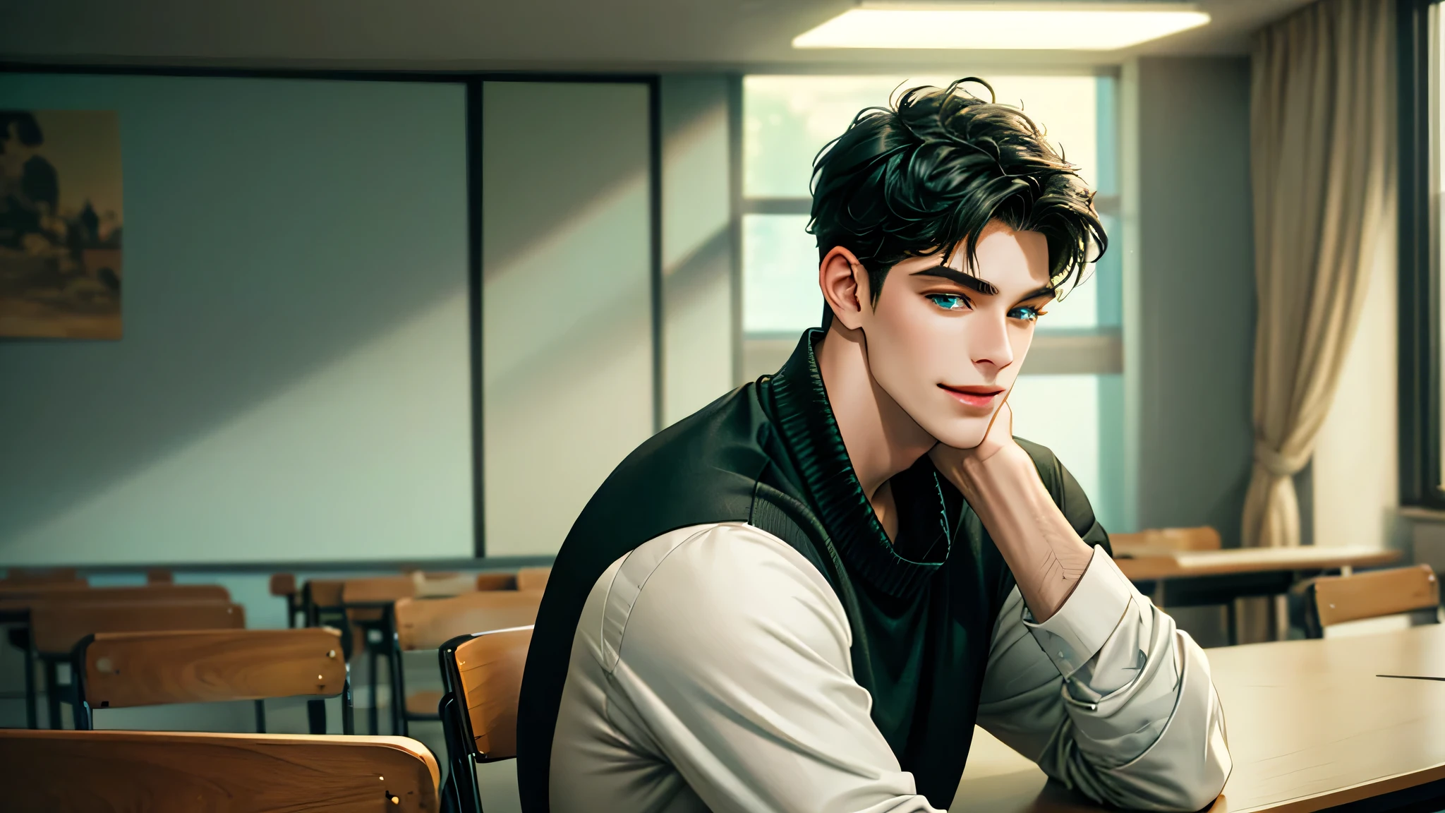 Handsome young man, black hair short hair, blue eyes, ombros largos, masterpiece, Absurd, Beautiful and detailed face, with dark green long sleeved sweater, daytime environment, sitting in a classroom, seductive smile