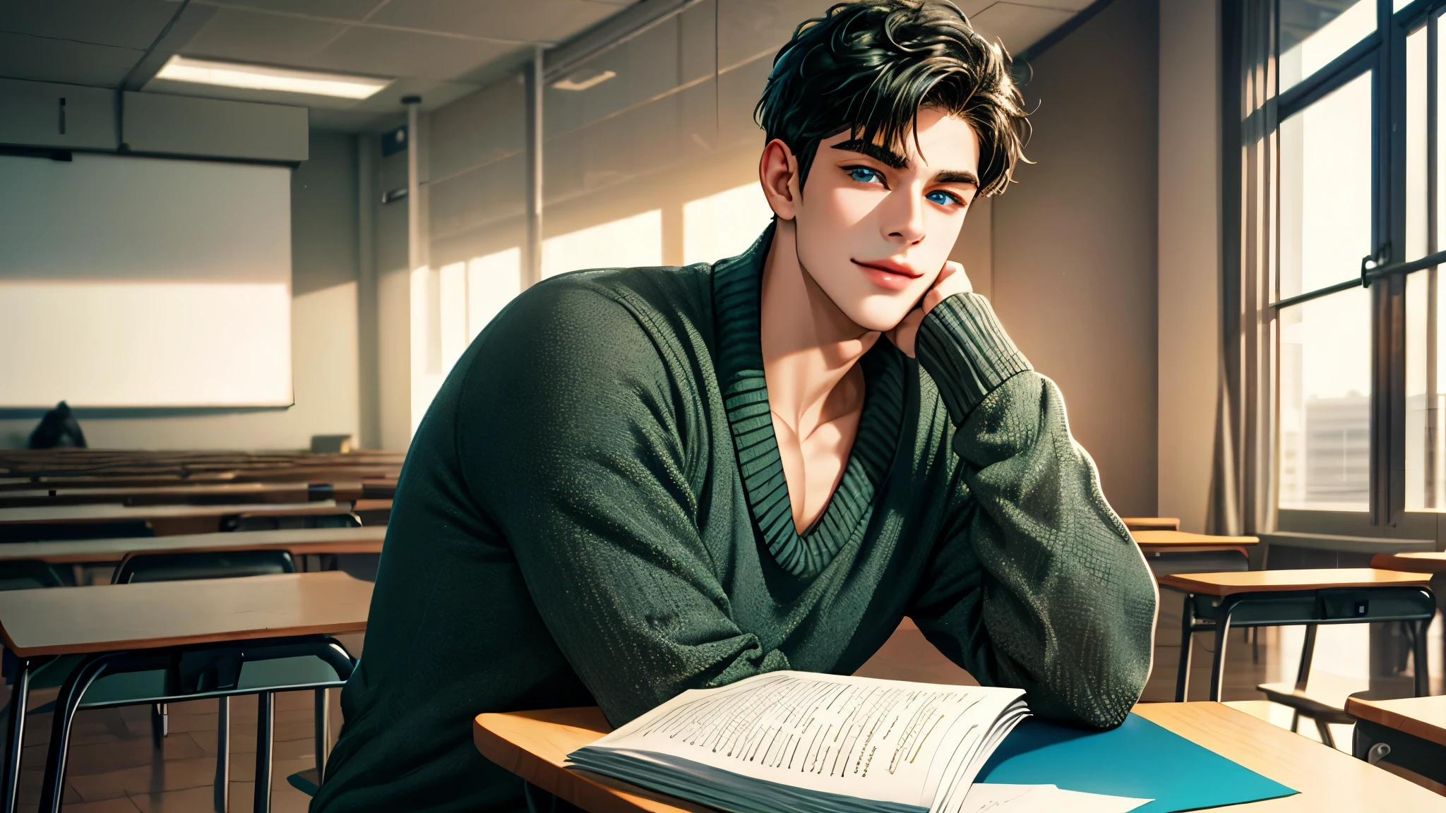 Handsome young man, black hair short hair, blue eyes, ombros largos, masterpiece, Absurd, Beautiful and detailed face, with dark green long sleeved sweater, daytime environment, sitting in a classroom, seductive smile