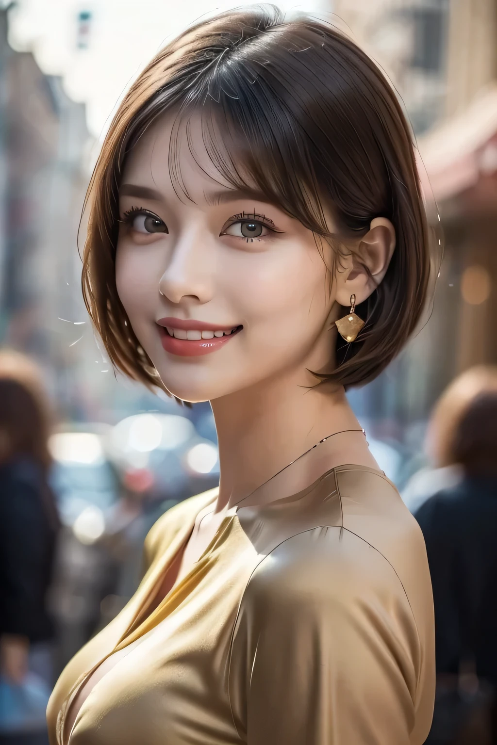 1 Female, (1 supermodel), (Perfect Anatomy), Anatomically correct body shape, (Cowboy Shot), Golden Ratio, (Best Quality:1.4), 32k resolution, (Realistic:1.5), (超Realistic:1.5), High resolution UHD, (masterpiece:1.2)), (Improved quality:1.4), (Very beautiful facial details), (Grin), (Best QualityのRealisticな肌のテクスチャ), ((Random color silk dress:1.37)), Big earrings, necklace, (Huge breasts:1.3), (thigh), (Huge Ass), Accurate Fingers, Very detailed, Beautiful Eyes, double eyelid, Eyelashes, Shaping your eyebrows, ((Very detailed portraits)), Red cheeks, Ultra-realistic eyes, Perfect Lips, Perfect Eyes, Perfect Iris, Natural Makeup, [Pink lipstick], ((A great eye for quality:1.2)), (Beautiful Lips:1.33), (Great nose:1.2), (Large Breasts), brunette pixie cut, ((Realistic)), ((Sharp focus)), (Highest Resolution), ((The most ridiculous quality)), ((masterpiece)), Professional Cinema Lighting, Transparent