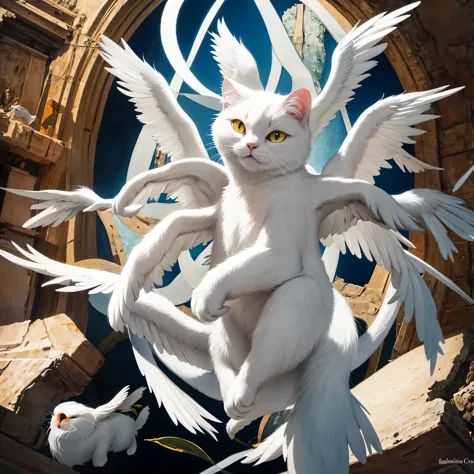 white cat, bibliangels, too many eyes, no humans, multiple wings, angel