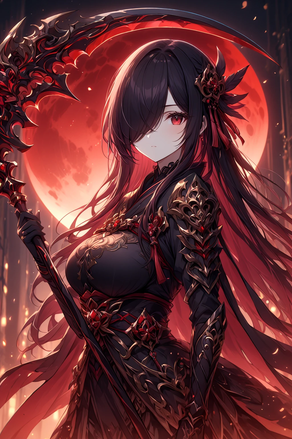 Cowboy Shot, 1girl, Solo, Looking at viewer, Shy, Cute, Red Eyes, Empty Eyes, Expressionless Eyes, Black Hair, Very Long Hair, Straight Hair, ((Hair Over One Eye, Swept Bangs:1.5)), Petite, good_hands, Large breasts, Pale Skinned, Slender, Curvy, ((Ninja)), (Holding Red Scythe:1.2), Standing, Japanese Background, Red Moon, Dark Night, Dark Lighting, Masterpiece, 4K, Best Quality, High Resolution, Accurate, Award Winning, (SuperQuality:1.0) ~ (SuperQuality:1.2)