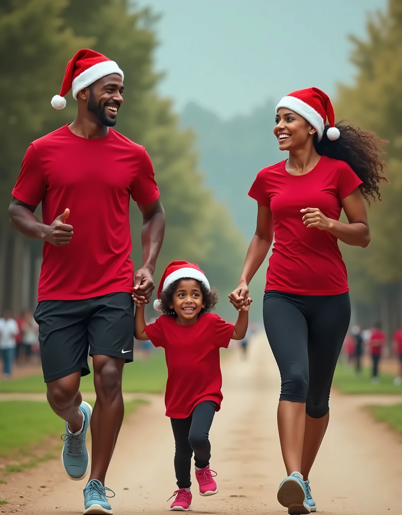 Create an image of a Brazilian family, composed by the father, mother and daughter, holding hands, running a christmas race with santa hat and red shirt, in sportswear, happy and united. high definition. happiness. Celebrating. Sunny day. Happy family. high resolution. family with typical features of residents of Minas Gerais. Ultra-realistic model. Real people. Solid color background. Black family. dark skin.