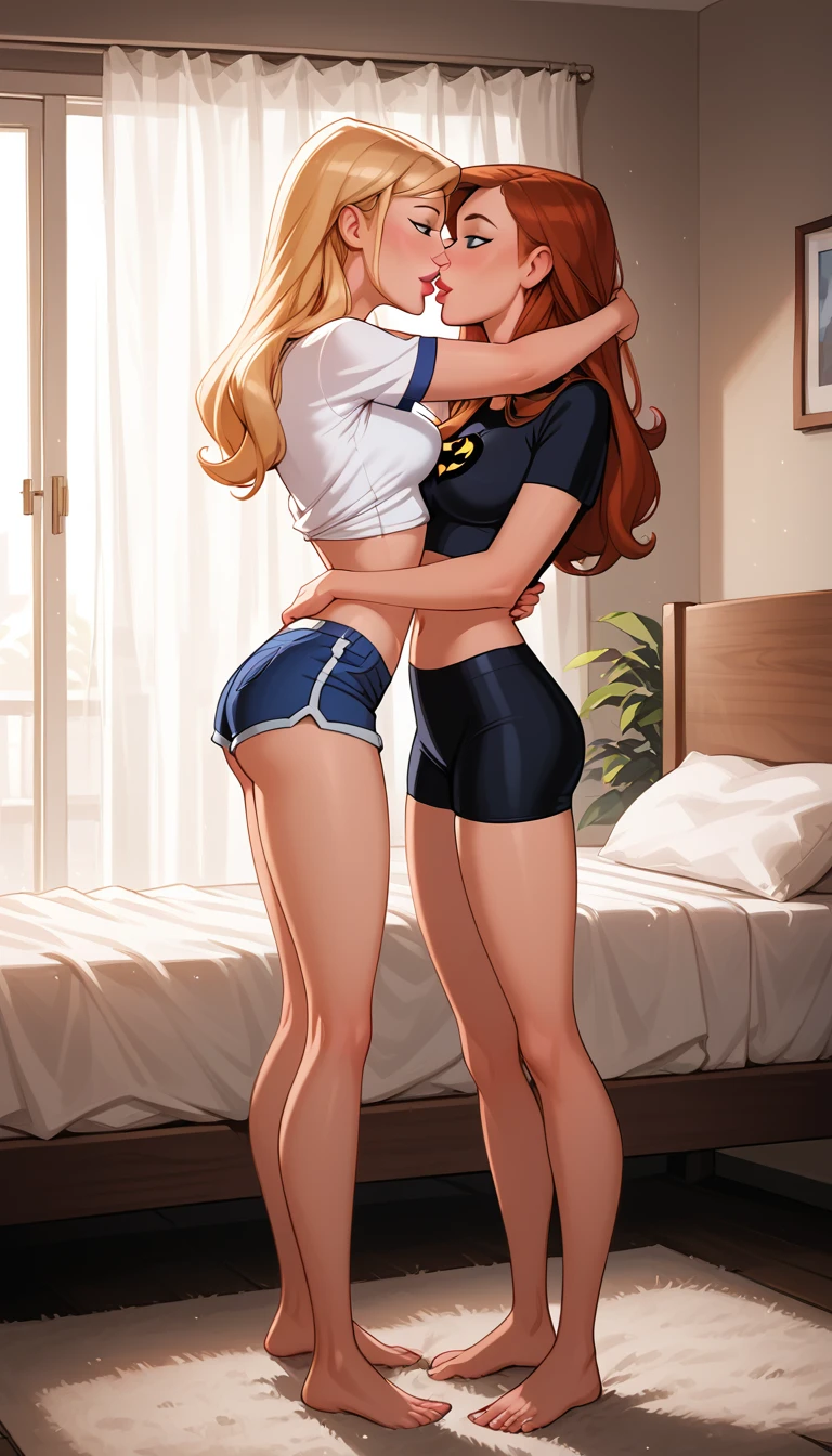 score_9, score_8_up, score_7_up, dcaustyle, source_cartoon, 2girls, duo, couple, yuri, (Kara Zor-El, blonde:1.3) and (Barbara Gordon, reddish brown hair:1.2), wearing sexy booty shorts, tight tshirts, short sleeves, midriff, barefoot, flirt, gaze, sexy look, half-closed eyes, filled lips, thick lips, makeup, embracing, side view, (in the bedroom:1.4), (full bodies in view), expressiveh d4rk01l, perfect hands, perfect proportions.