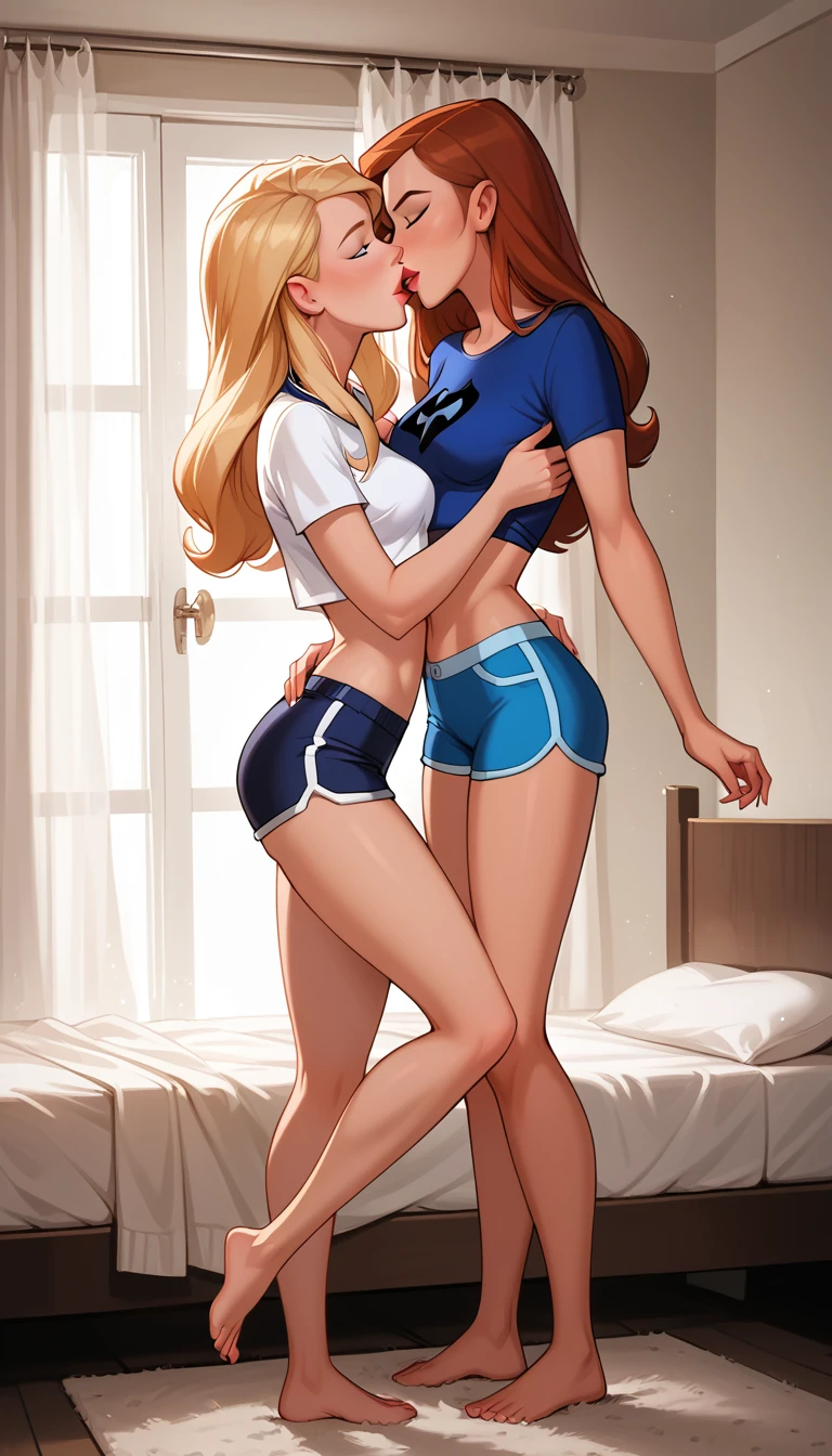 score_9, score_8_up, score_7_up, dcaustyle, source_cartoon, 2girls, duo, couple, yuri, (Kara Zor-El, blonde:1.3) and (Barbara Gordon, reddish brown hair:1.2), wearing sexy booty shorts, tight tshirts, short sleeves, midriff, barefoot, flirt, gaze, sexy look, half-closed eyes, filled lips, thick lips, makeup, embracing, side view, (in the bedroom:1.4), (full bodies in view), expressiveh d4rk01l, perfect hands, perfect proportions.