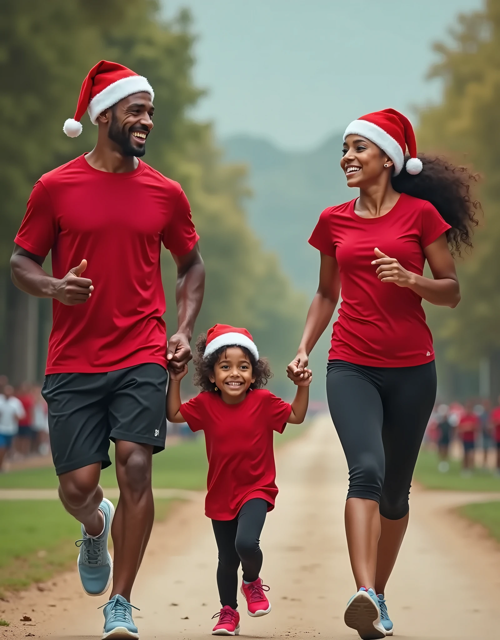 Create an image of a Brazilian family, composed by the father, mother and daughter, holding hands, running a christmas race with santa hat and red shirt, in sportswear, happy and united. high definition. happiness. Celebrating. Sunny day. Happy family. high resolution. family with typical features of residents of Minas Gerais. Ultra-realistic model. Real people. Solid color background. Black family. dark skin.