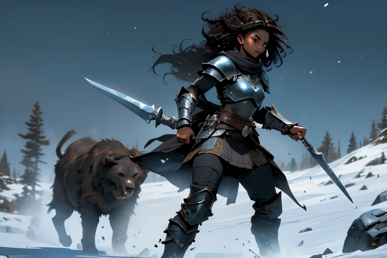 ((1 african warrior girl, curly hair, dark hair, brown eyes, black skin, full body)), (skyrim style armor, skyrim armor), medieval setting, medieval warrior girl, bearskin skirt, metal boots, battle pose on a mountain, ice mountain, falling snow