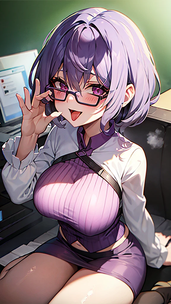 One girl, masterpiece, spouse, goddess,short hair ,((Purple Hair)),Glasses ,AirBlowjob, Big Breasts, smile, Transparent dick blowjob, I want a penis,Sitting,Office,Sticking out tongue